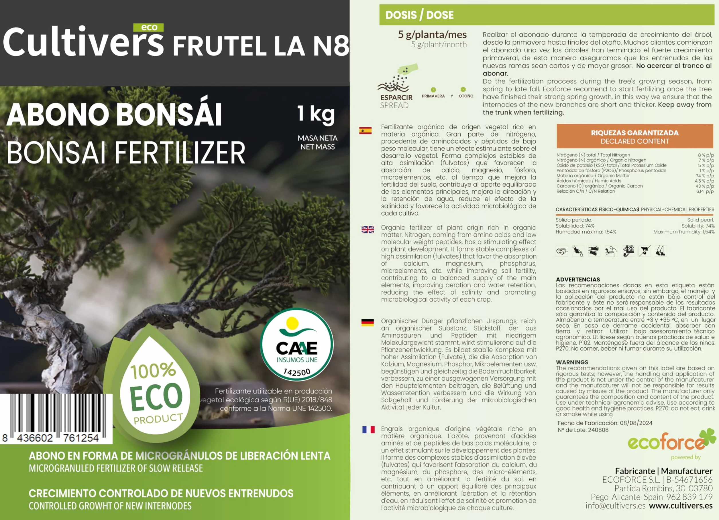 CULTIVERS Bio-Bonsaidünger 5 kg, granuliert, 100% pflanzlich, organisch und natürlich, langsam und kontrolliert freisetzend, NPK 8-1-5 + 74% organische Substanz, mit Huminsäuren
