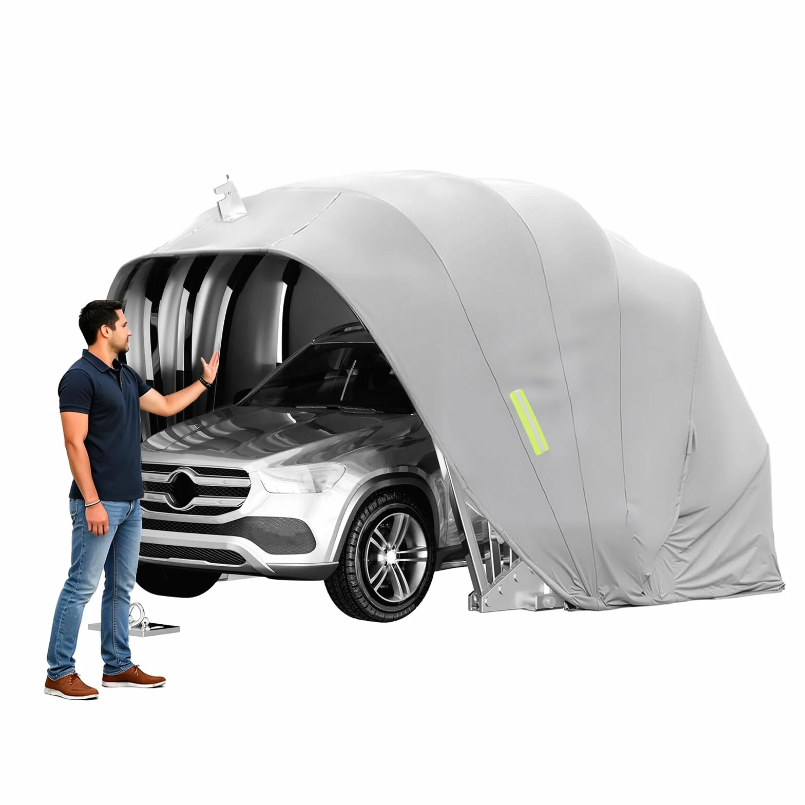 Faltgarage Auto, Mobile Carport aus Edelstahl, Garage Zelt Unterstand, Abschließbarer, Kälte und Regenfester, Halbautomatische Faltgarage für Auto, SUV, Pick-up, Dunkelgrau