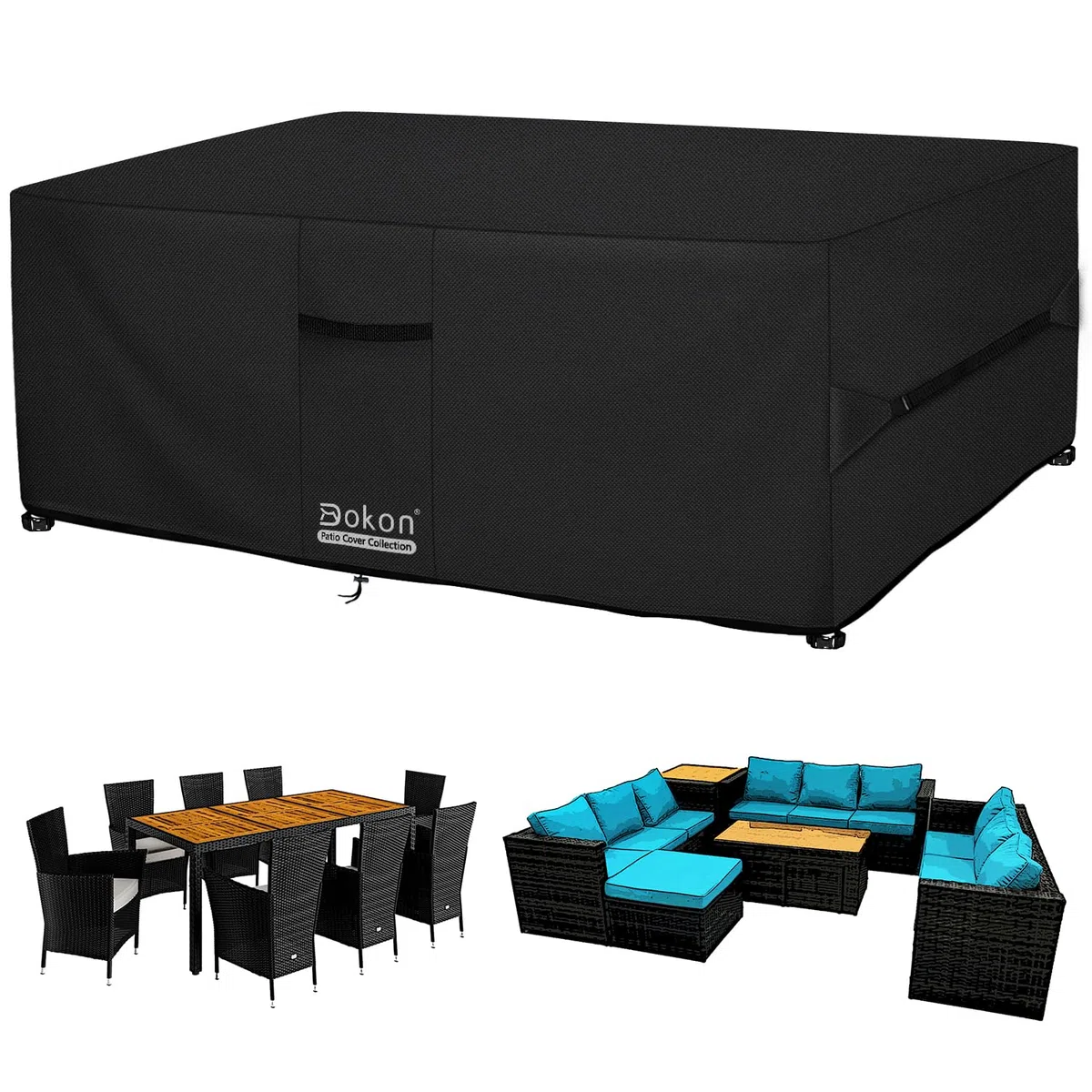 Dokon Abdeckung für Gartenmöbel Wasserdicht, 270x210x90cm, Gartentisch Schutzhülle mit Belüftungsöffnungen, Robustes 420D Oxford-Gewebe Staubfest Anti-UV Abdeckplane für Terrassenmöbel, Sitzgruppe