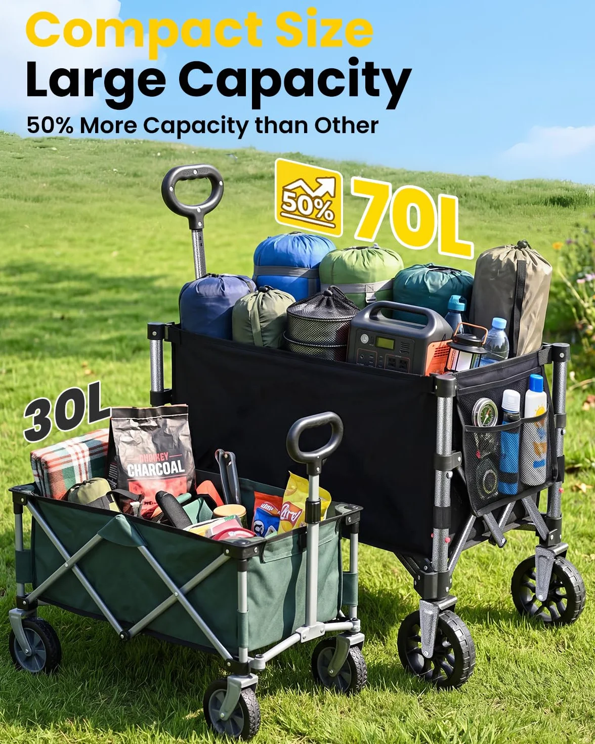 YEAUPE PRO Bollerwagen Faltbar, 70L 80KG Klein Faltbarer Handwagen mit Seitlichem Reißverschluss & Höhenverstellbarem Griff, Gartenwagen für Hunde, Einkaufen, Camping, Transport & Outdoor
