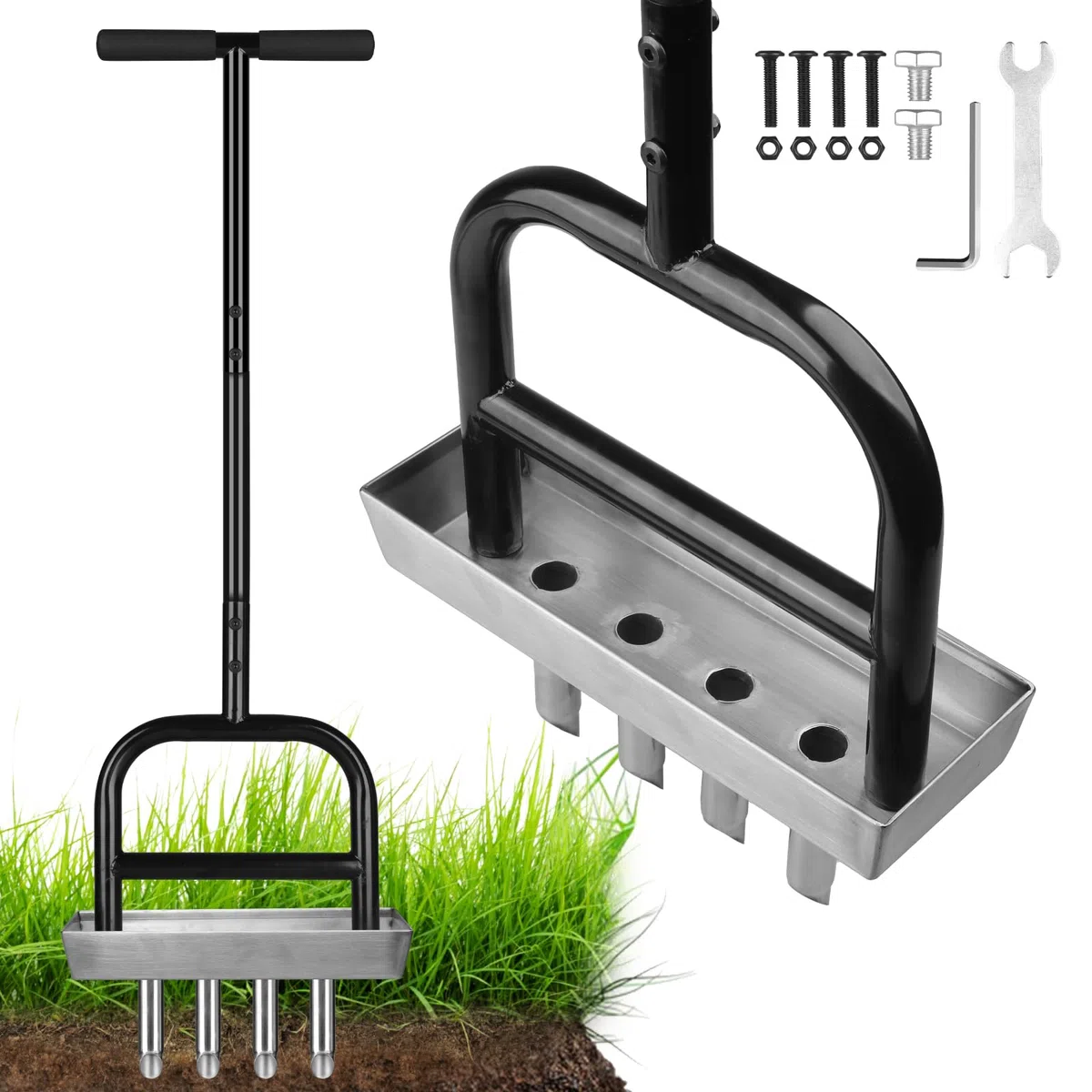 Handbetriebener Rasenlüfter mit 4 Dornen & Auffangschale – Hebel-System für müheloses Lüften, T-Griff & rostfreie Stahldorne für Rasen & Garten