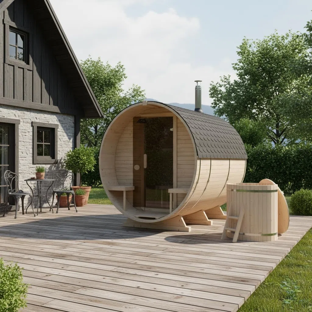 Fasssauna Gartensauna aus Fichtenholz mit Holzofen ETNA – 2–6 Personen