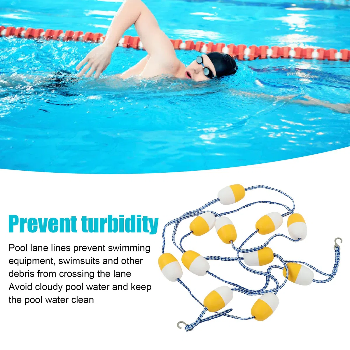 Schwimmleine, 5 M, 7 cm, PVC-Sicherheits-Trennseil Und Schwimmleine Mit 2 Vormontierten Edelstahlhaken Und Zweifarbigen Schwimmbojen Für Effektive Sicht auf Das Schwimmbad