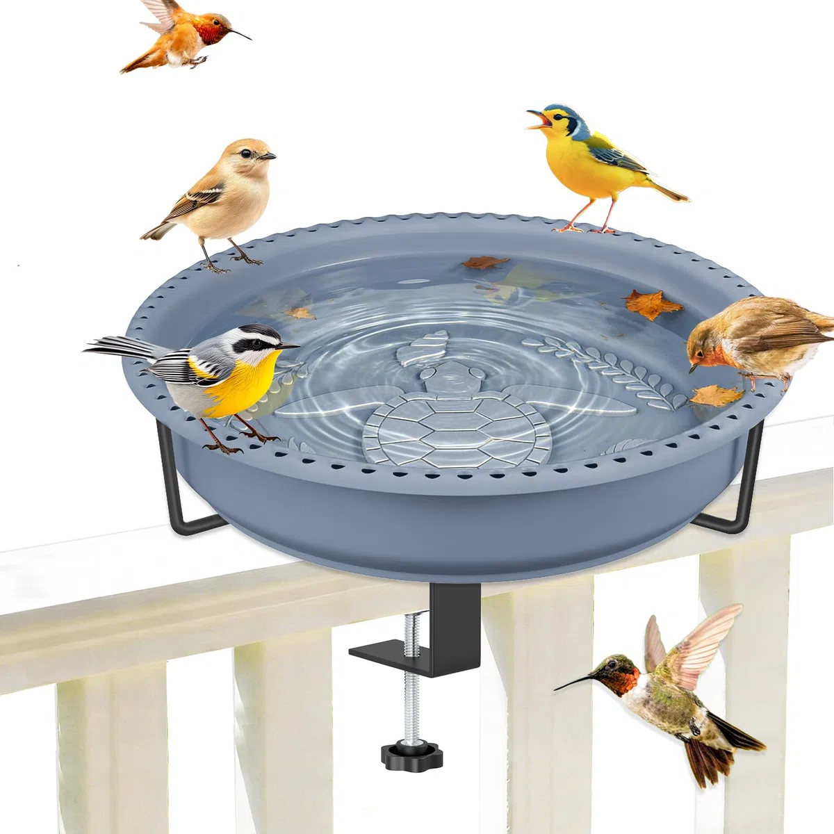 Vogeltränke für den Außenbereich, Metall klemmvogeltränke & Vogelfutterhäuschen mit Kunststoffwanne, Outdoor Vogelfütterungs Tränkestation für Wildvögel in Garten Terrasse Balkon (Grau)