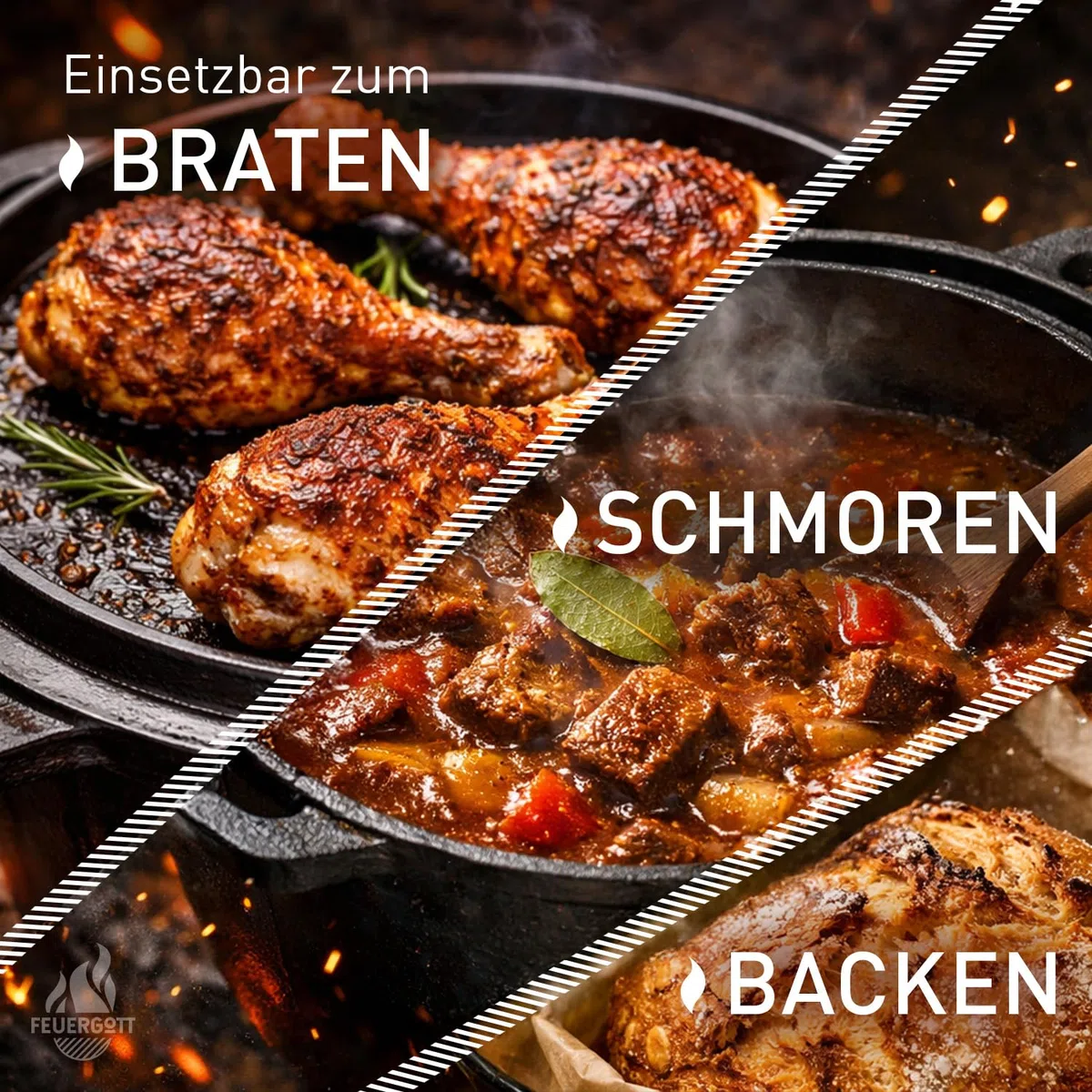 Dutch Oven 6L ohne Füße – Gusseisen Topf für Brot, Braten, Backofen, Herd, Induktion, Schmortopf für Familienküche, BBQ, Auflauf, große Portionen, Kochen, Grill, Bräter, rustikal, schwarz