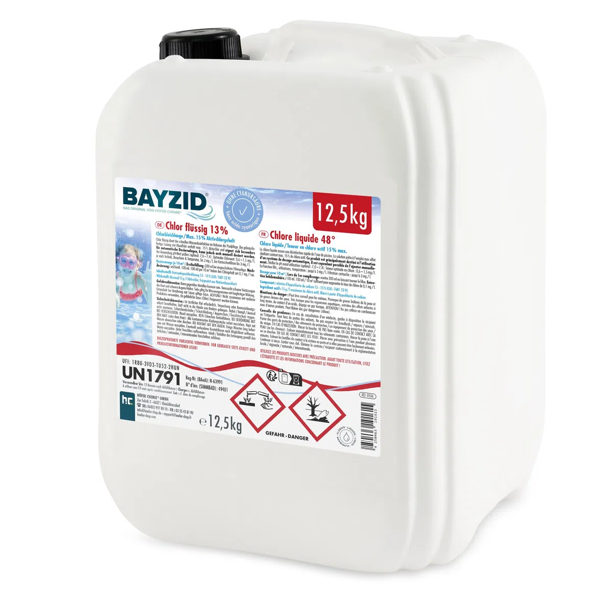 Höfer Chemie 12,5 kg Pool Flüssigchlor BAYZID - mit 13 bis 15% Aktivchlorgehalt zur Poolpflege und Wasserdesinfektion - Made in Germany