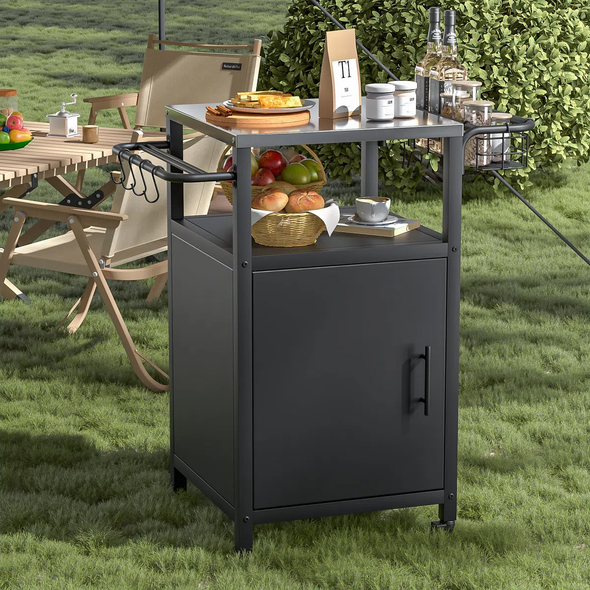 Grillwagen Grilltisch Outdoor Grill Trolley Küchenwagen, Edelstahl, wetterfest, mit Schrank und 2 Rollen für BBQ und Garten