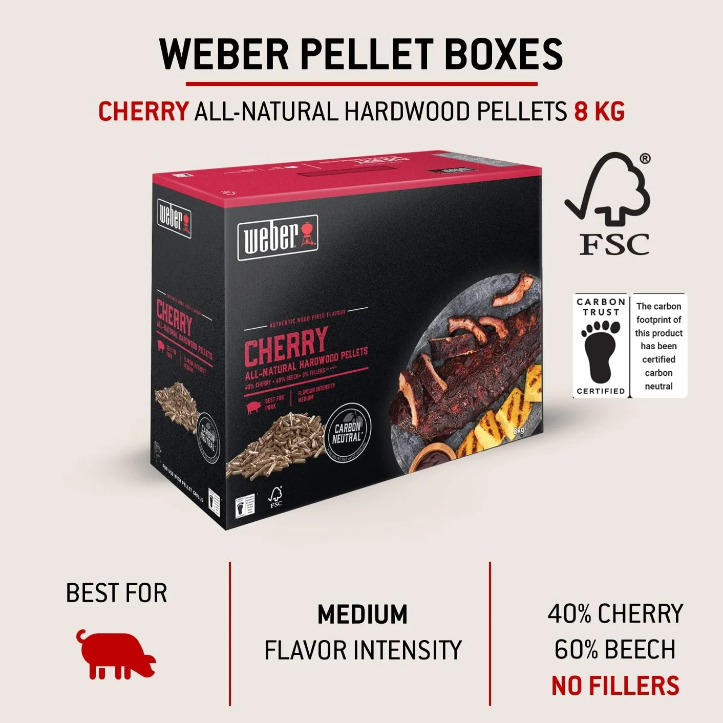 Weber Holzpellets - Kirschholz (8kg), perfekt zum Räuchern von Schwein, 100% natürliche Holzpellets, EU-Produkt, nachhaltig gewonnen, FSC zertifiziertes Holz (18293)