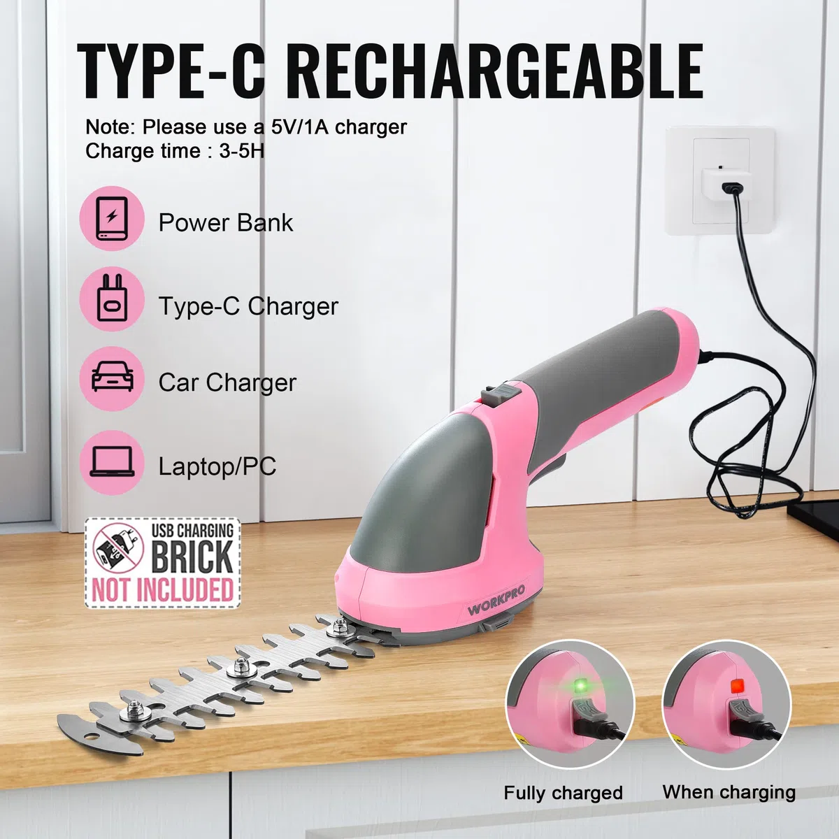 WORKPRO Gartenschere Akku 7,2V Rosa, Handliche Grasschere Elektrisch mit 2 Messern 2.000mAh Akku und Typ C Kabel, 2 in 1 Heckenschere mit Schnittbreite 10cm, Schnittlänge 15cm