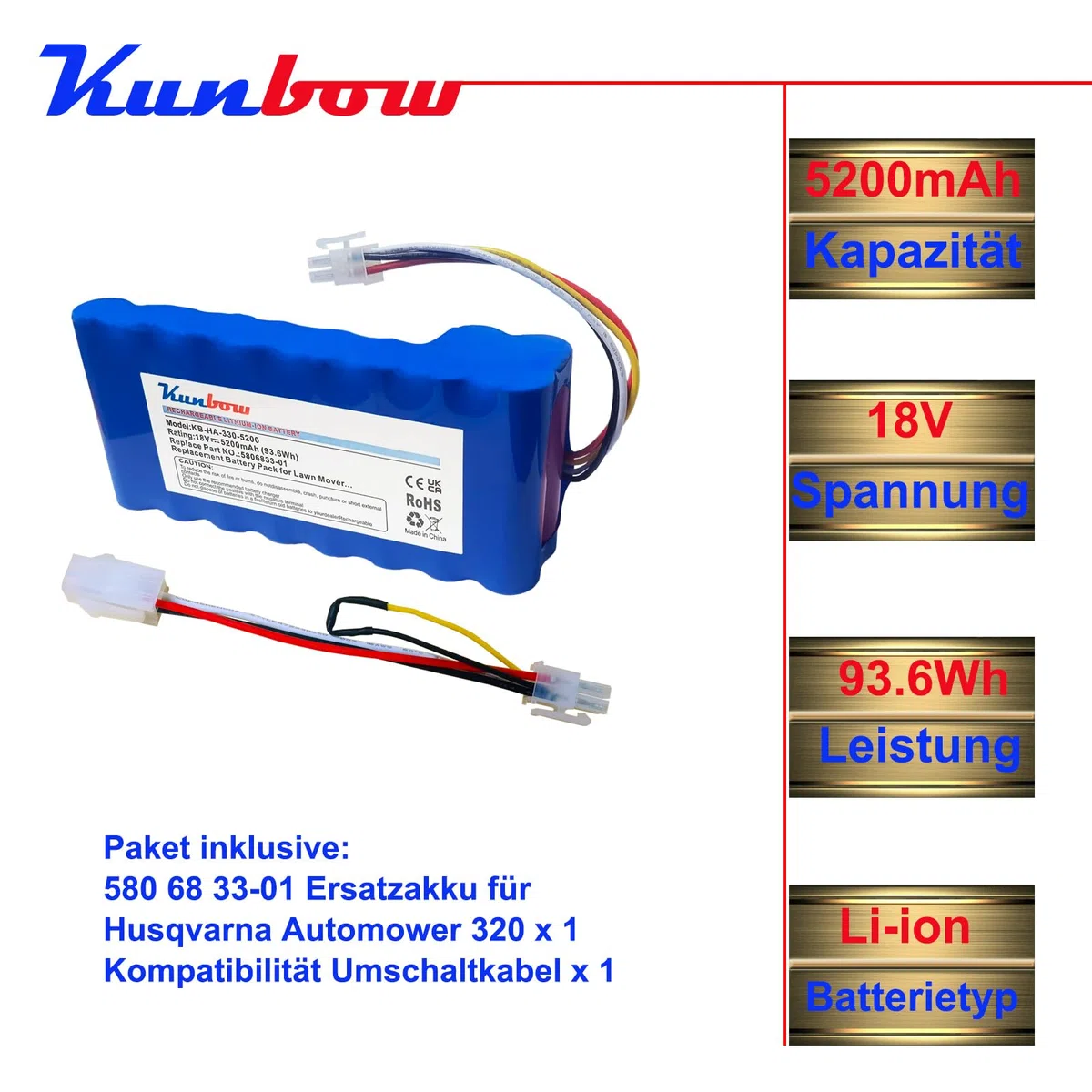 5200mAh Mähroboter akku,Ersatzakku für Husqvarna Automower 320, 330X, 420, 430, 430X, 440, 450X, 520, 550 Rasenroboter,Ersatz für 580 68 33-01,580 68 33-02 Akku. (18V/93.6Wh)