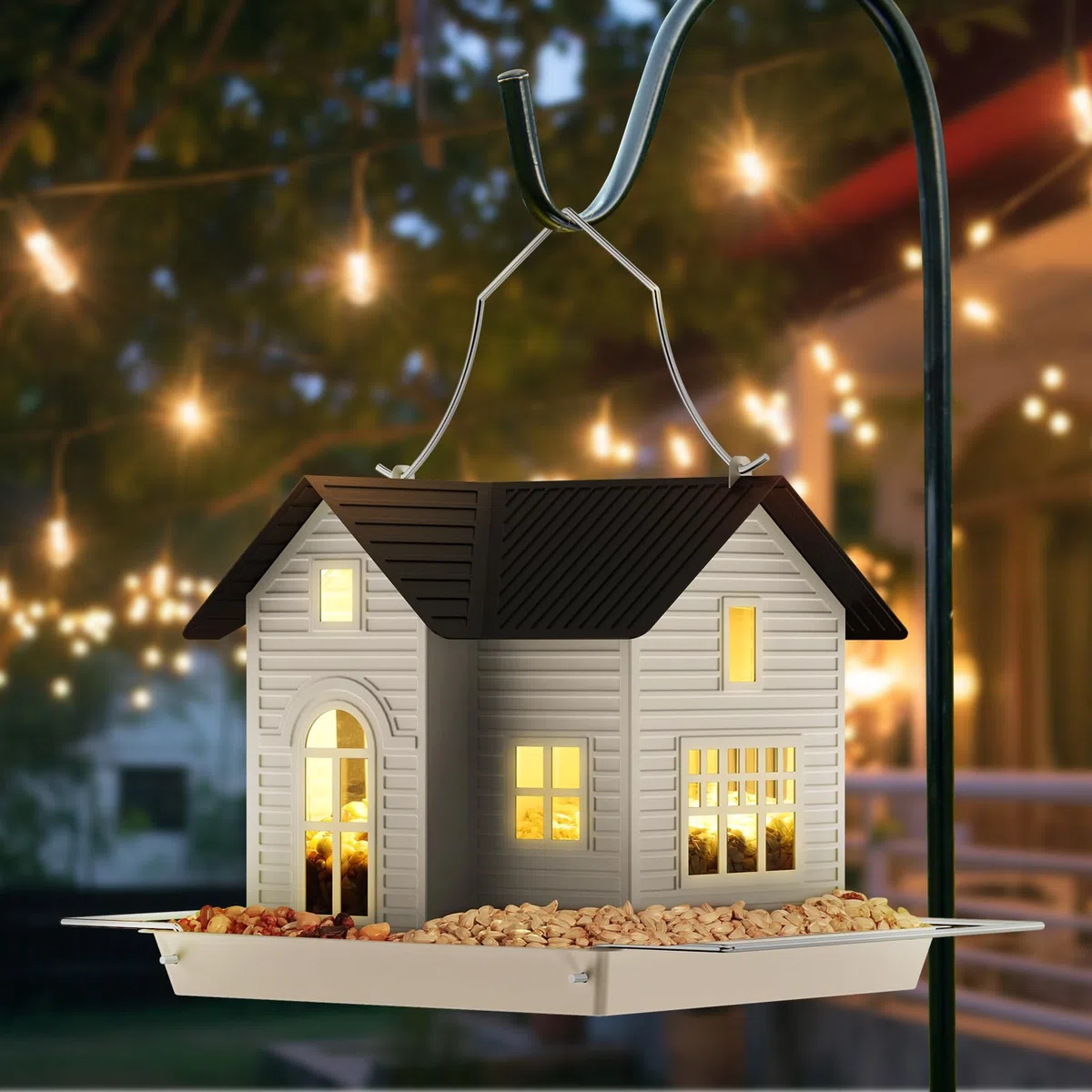MrCrafts Solar-Vogelfutterspender – Hängendes Vogelhaus aus Metall mit Solarlicht, Gartendekoration, Einzigartige Geschenke, Bird House, Bird Feeder