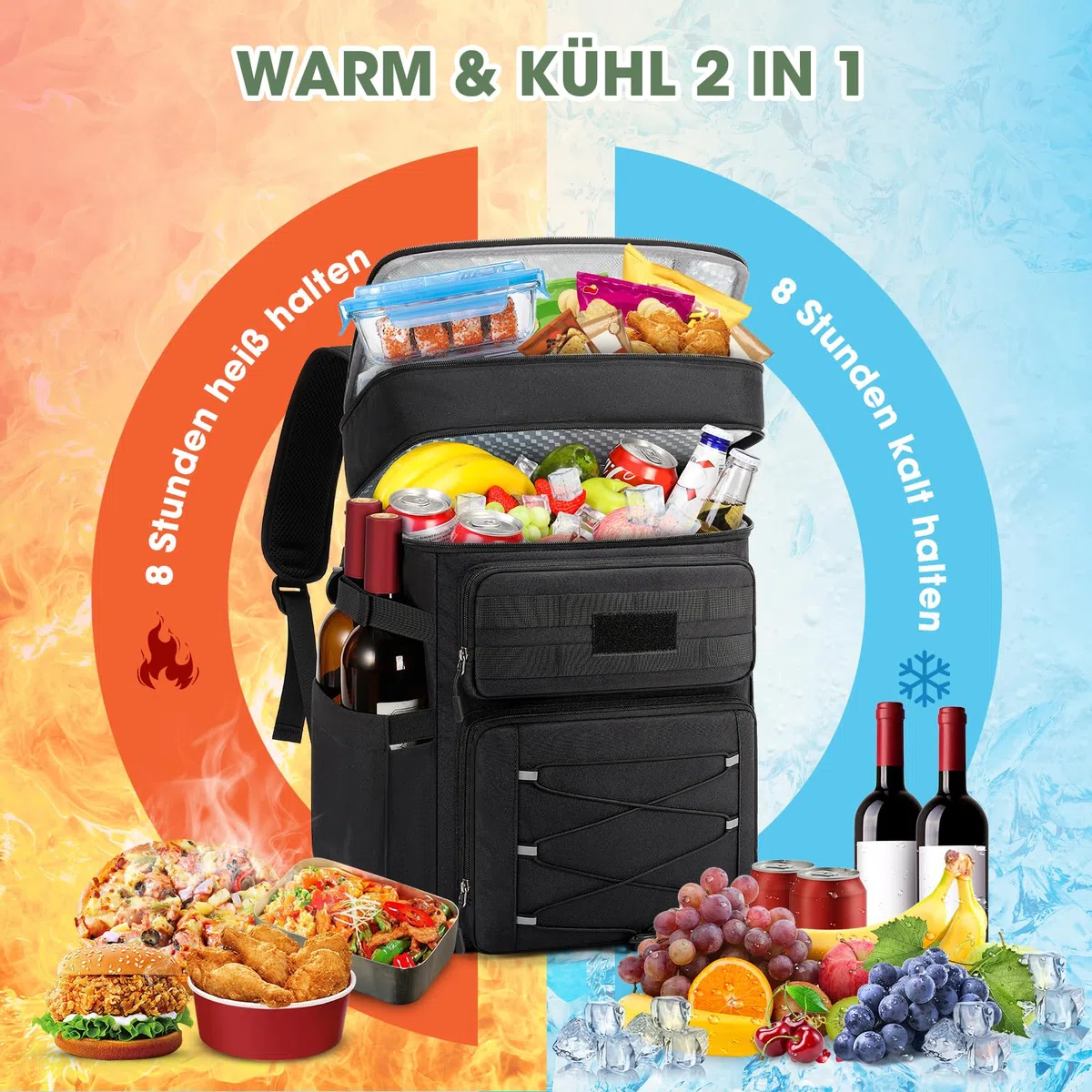 RAINSMORE Kühlrucksack 30L Auslaufsicher Groß Thermo Kühltasche Rucksack Doppeldeck Isolierter Picknickrucksack für Familie Outdoor BBQ Schwarz