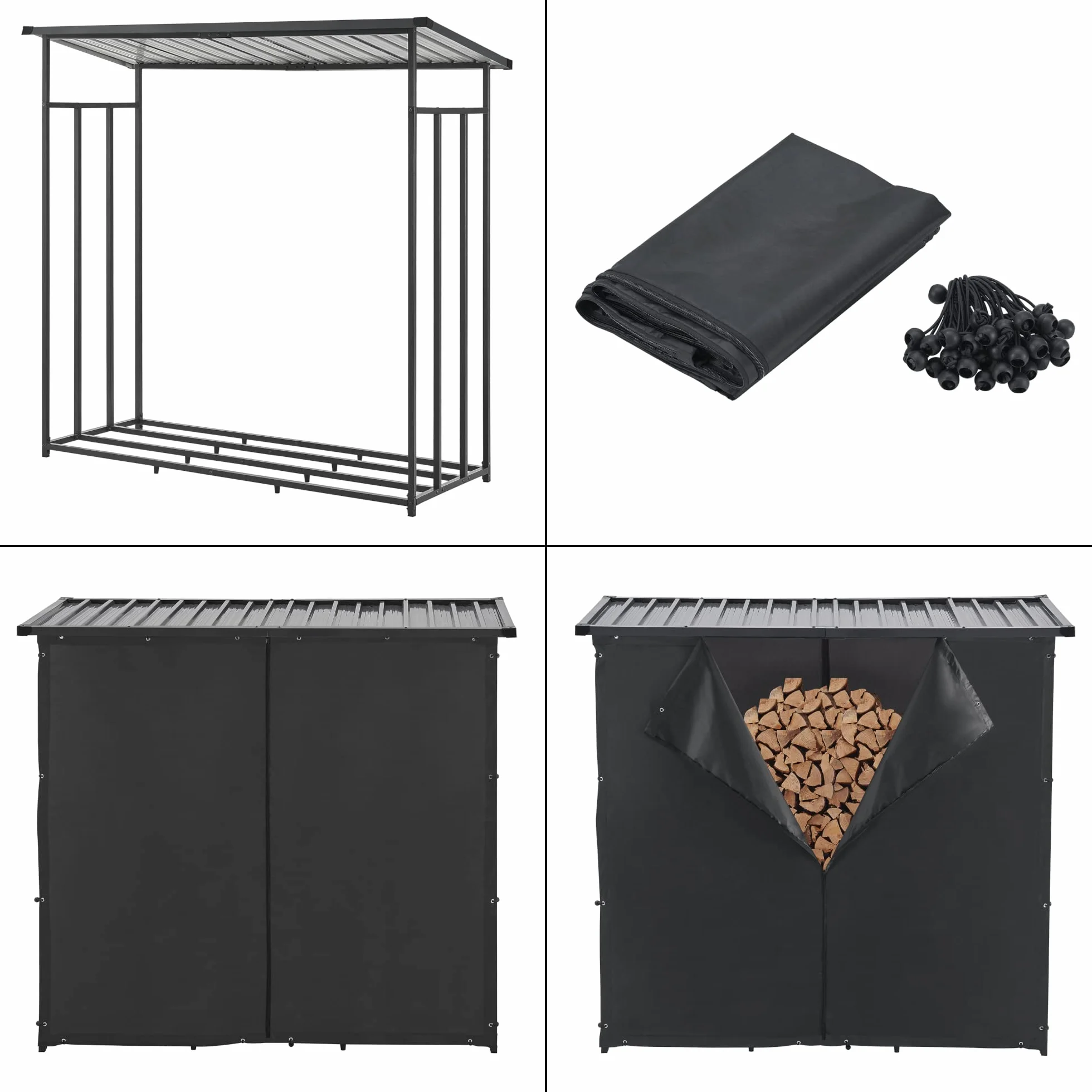 Kaminholzregal Yakutat Brennholzunterstand außen Metall 185 x 180 x 70 cm Schwarz