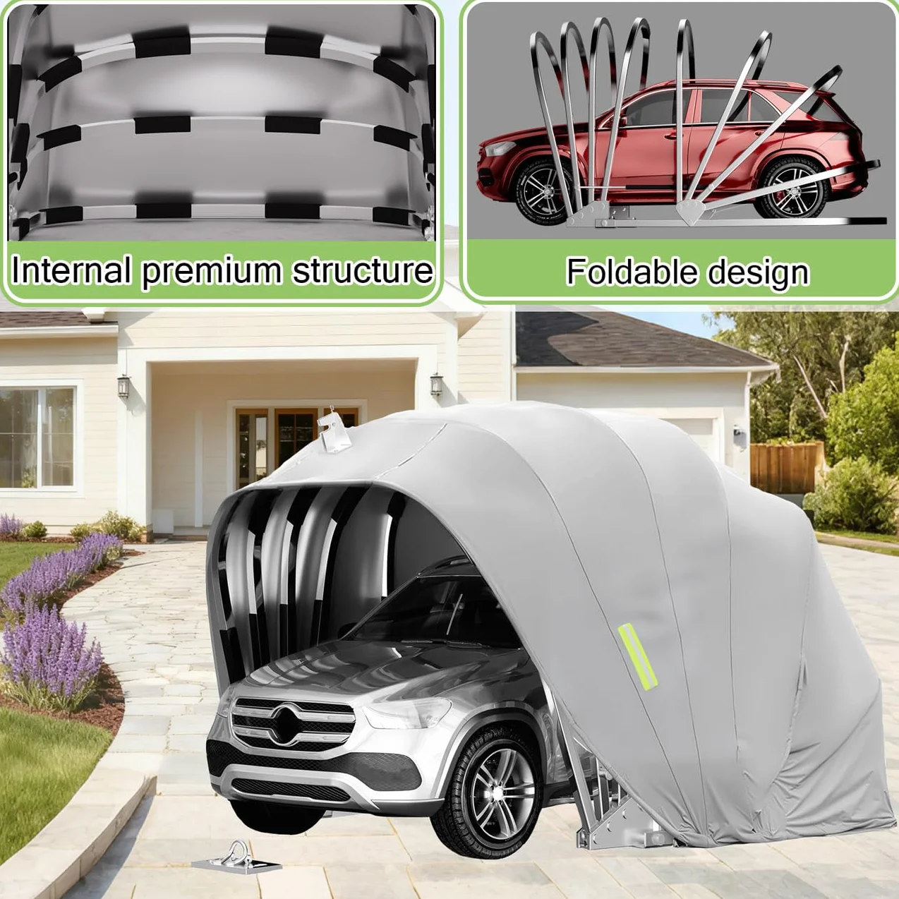Faltgarage Auto, Mobile Carport aus Edelstahl, Garage Zelt Unterstand, Abschließbarer, Kälte und Regenfester, Halbautomatische Faltgarage für Auto, SUV, Pick-up, Dunkelgrau