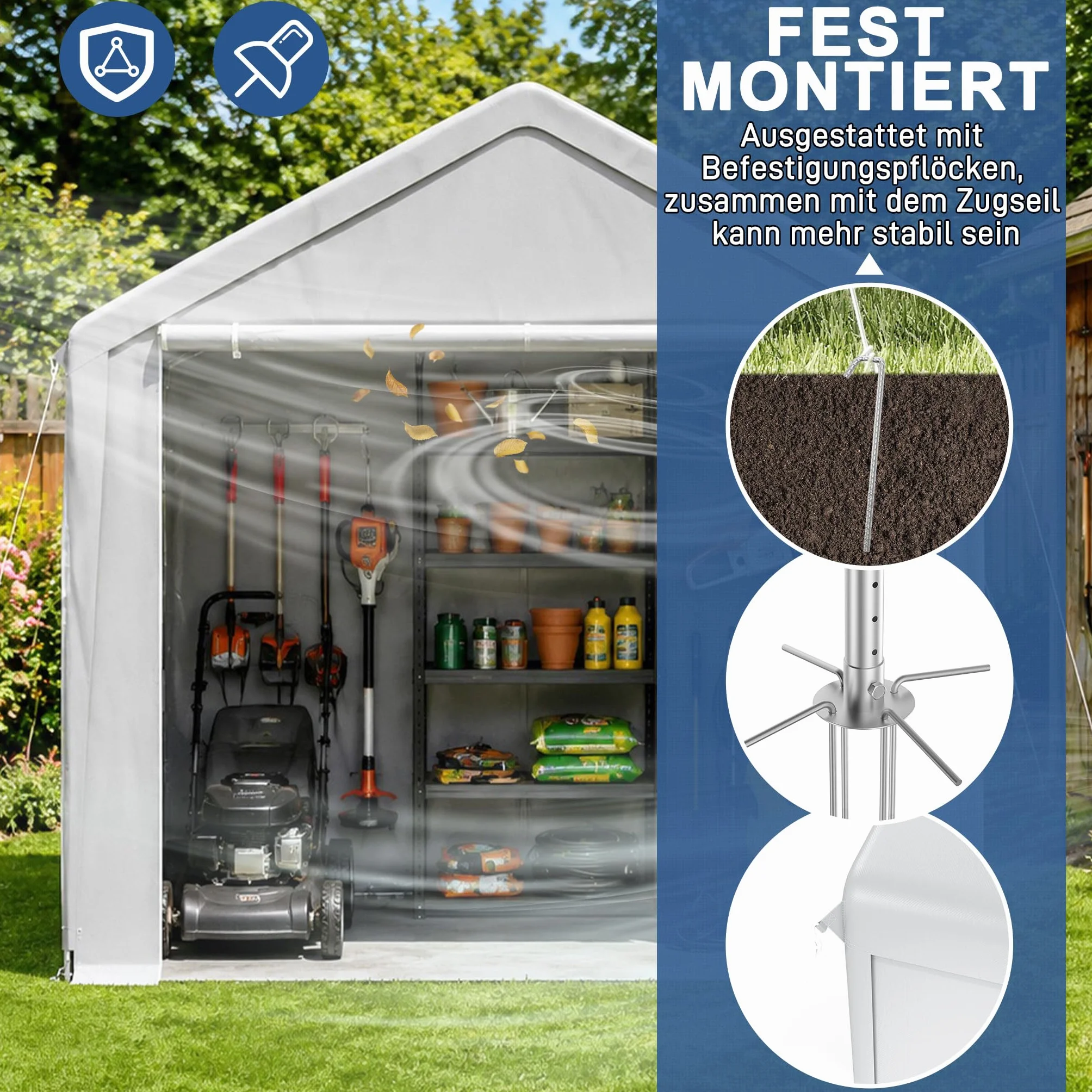 Carport Zeltgarage 4x6m, Lagerzelt mit wetterfester PE Plane, Garagenzelt mit verzinktem Stahlrahmen, mit Erdankern und Abspannseilen, Unterstand für Auto, Geräte und Gartenbedarf, Grau