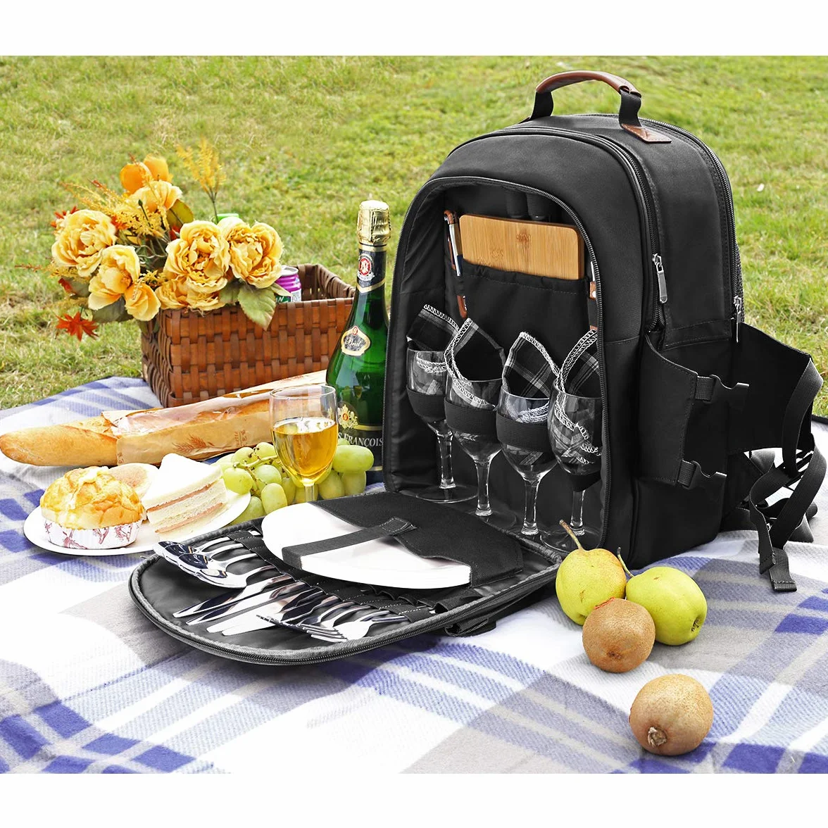Sunflora Picknickrucksack für 4 Personen mit Decke Picknickkorb-Set für 2 mit isoliertem Kühler Weintasche für Familienpaare (Schwarz)