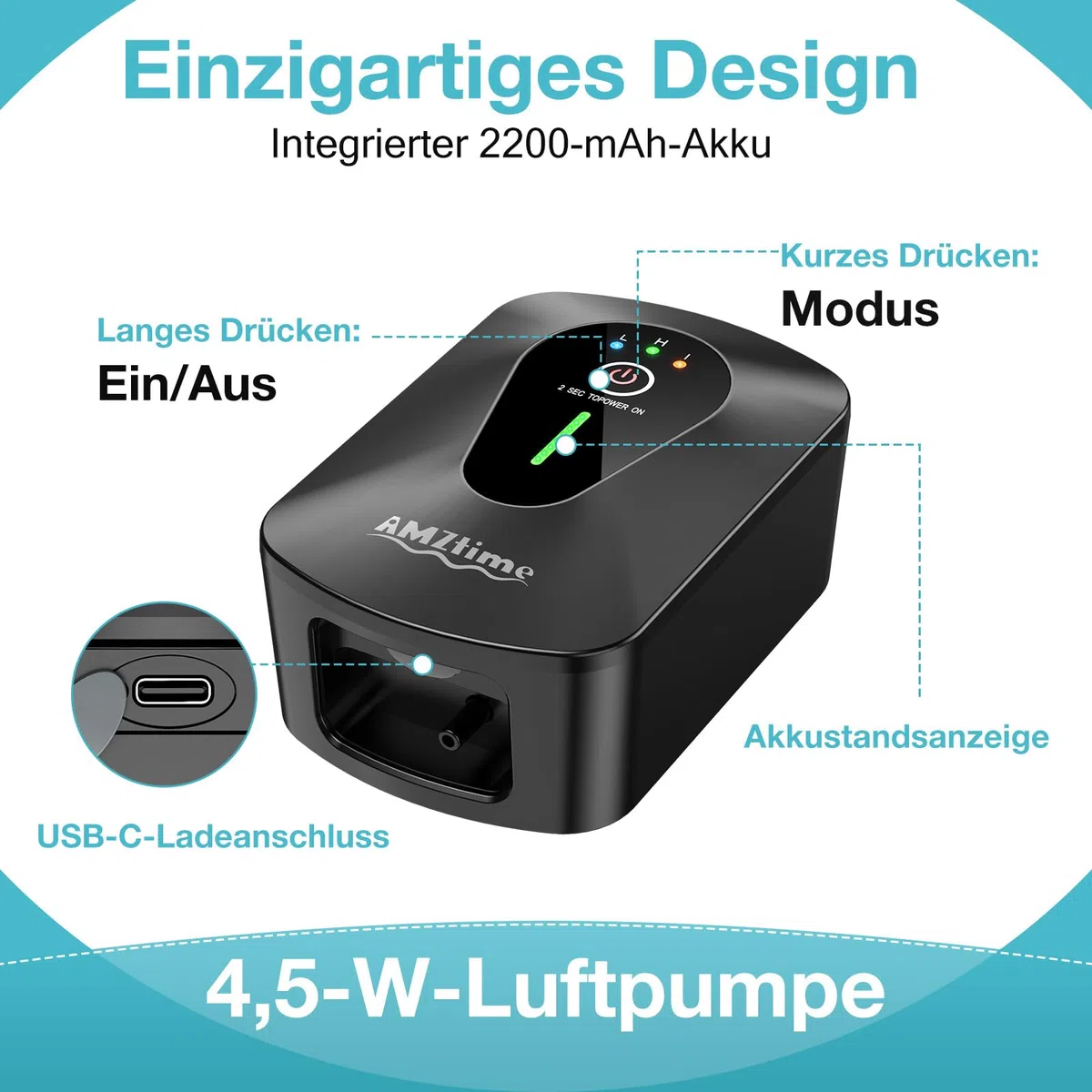 AMZtime Solar Sauerstoffpumpe für Gartenteich, 4.5 W Solar Teichbelüfter, Sauerstoffpumpe Oxygenator mit 2200 mAh Akku, Sauerstoff Luftpumpe 3 Modi 2 Luftsteine für Teich, Gartenteiche, Aquarium