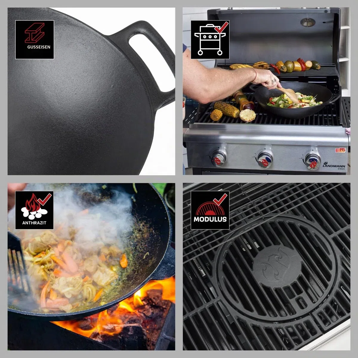 Landmann Grillwok | Hochwertiger Wok aus emailliertem Gusseisen (Ø 36 cm) | Optimale Hitzeverteilung und Hitzespeicherung | Mit abgeflachten Boden passend für Grillroste | 38 x 46 x 13,5 cm [Schwarz]