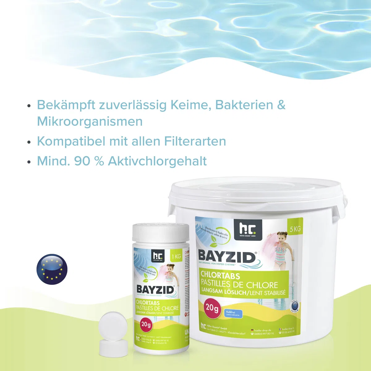 Höfer Chemie 20g Chlor Tabletten langsam löslich im 5 kg Eimer - zur dauerhaften Chlorung von Pool und Schwimmbad - Hochwirksam gegen Bakterien und Pilze - Bayzid
