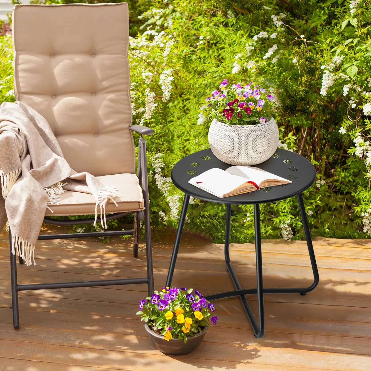 danpinera beistelltisch Outdoor, balkontisch klein, Gartentisch mit Blumenausschnitten, Kleiner beistelltisch Outdoor für Terrasse, Hof, Balkon, Garten, wetterfestes Material, Schwarz