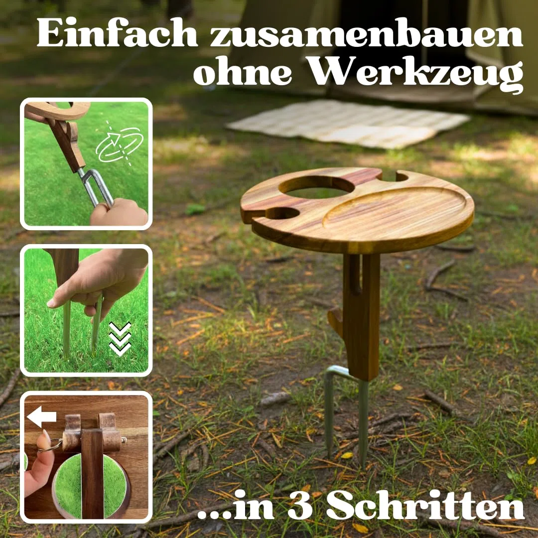 Decozy Life Steckbarer Weinhalter aus Massivholz - klappbarer Picknicktisch – Picknick & Camping Geschenke | Strand Gadget, Garten Gadget & Wein Zubehör | Originelles Camper Geschenk für Weinliebhaber