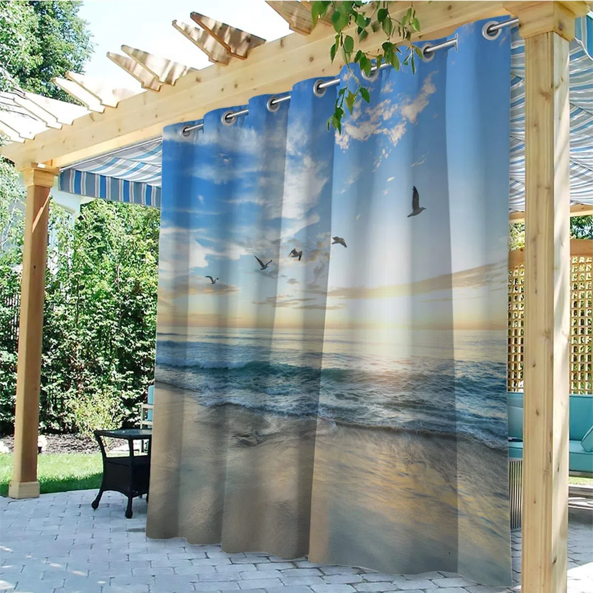 Outdoor Vorhang Wetterfest 2 Stück B132 x H213cm Atemberaubender Meerblick 3D Gedruckt Outdoor Vorhänge Wasserdicht mit Ösen, Outdoor Gardinen Sichtschutz für Balkon Terrasse Veranda Pergola