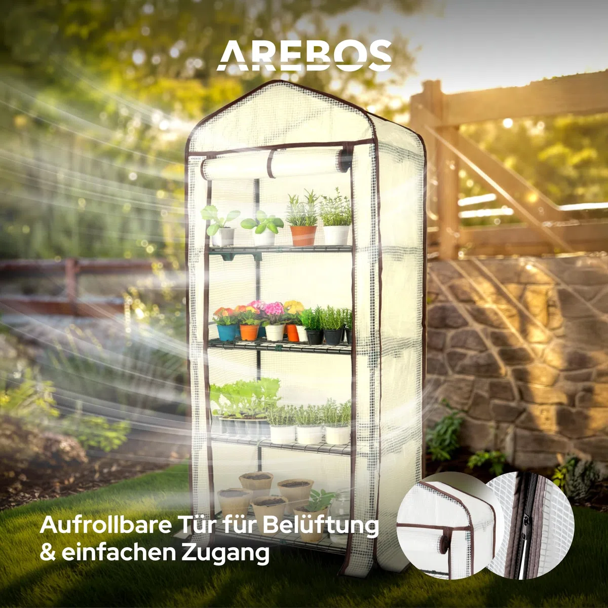 Arebos Premium Foliengewächshaus Gewächshaus mit 4 Etagen - 70 x 50 x 158 cm Treibhaus mit 4 Regalen - Platzsparend, Hochwertiges Anzuchthaus Garten Balkon Stabil & Einfach zu Montieren