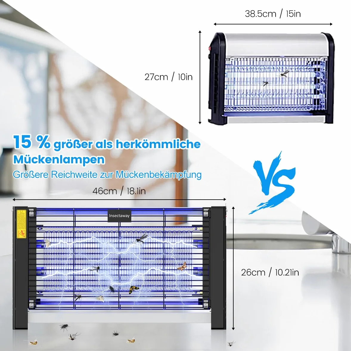 Insektenvernichter Elektrisch, mit Doppeltem Raster, XXL, 2400 V 20W, 2 T8-Lampen, Innenbereich Mückenfalle, Fliegenfalle, Mückenlampe, Hakendesign, geeignet für Haus, Terrasse