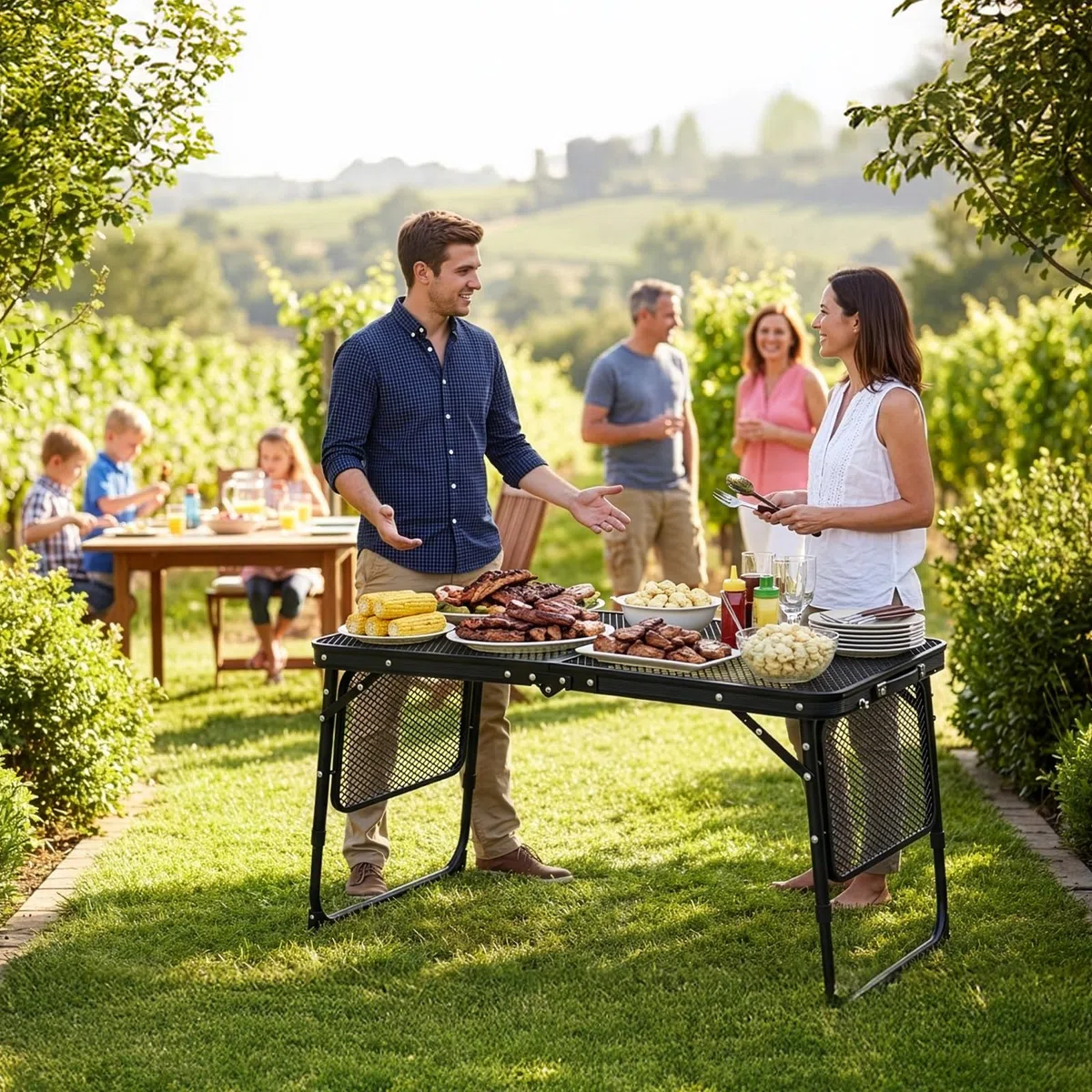 Faltbarer Campingtisch aus Aluminiumlegierung für Outdoor, Leichter Picknicktisch mit Schubladen & Doppel-Ebenen-Tischplatte, Tragbarer Gartentisch für Grill, BBQ, Strand, Wandern