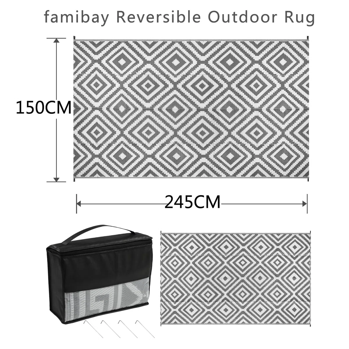 Famibay Outdoor Teppich Wetterfest Outdoor Teppich Balkon Camping Wasserfest Grau Kunststoff Wendbar Leicht Outdoorteppich für Terrasse Garten Balkon Camping Innen Außen