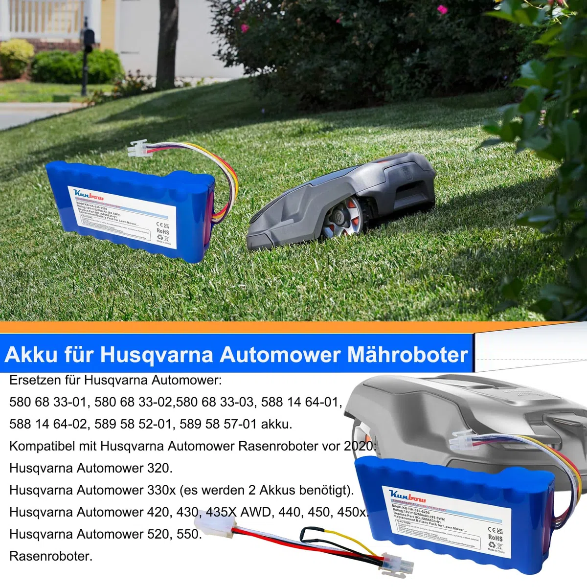 5200mAh Mähroboter akku,Ersatzakku für Husqvarna Automower 320, 330X, 420, 430, 430X, 440, 450X, 520, 550 Rasenroboter,Ersatz für 580 68 33-01,580 68 33-02 Akku. (18V/93.6Wh)