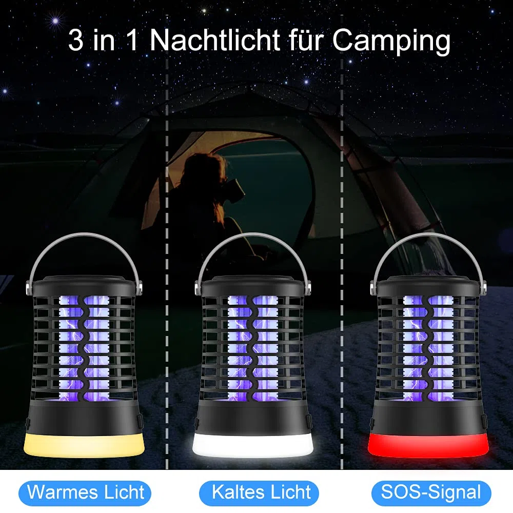 Insektenvernichter Elektrisch Mückenschutz Fliegenfalle, Wasserdicht IPX6, Mückenlampe mit USB-C Ladung für Camping Garten Balkon Schlafzimmer, Mückenfalle mit Aufhängehaken