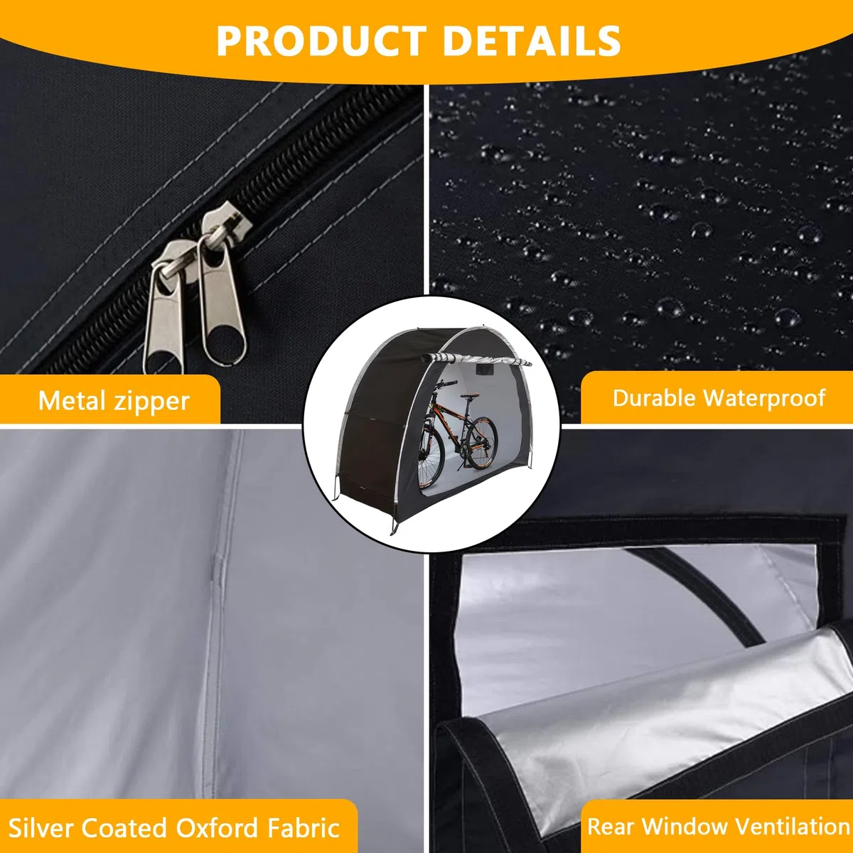Fahrradlagerzelt für Fahrräder, Fahrradzelt 200 * 88 * 165CM, Außendurchführbares 210D Oxford Wasserdichtes Fahrradcover mit Lüftungsfenster, für Fahrräder, Rasenmäher, Gartengeräte(Schwarze