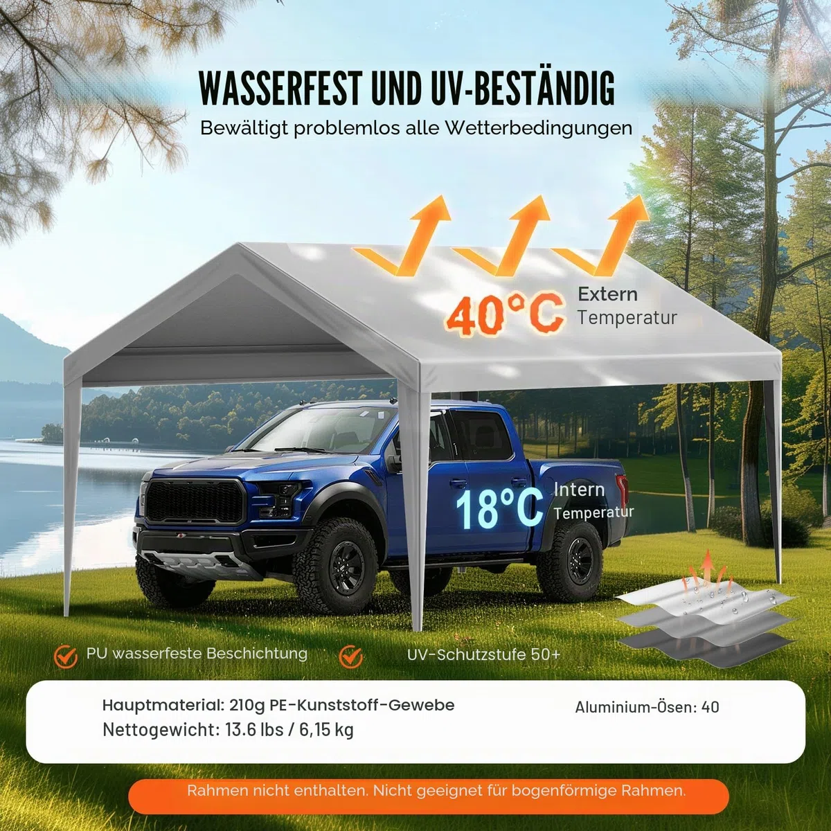 VEVOR Carport-Garagenzelt, 3 x 6 m, Garagendachzelt, wasserdicht und UV-geschützt, einfache Installation mit Spanngurten, Grau (nur Dachabdeckung, Rahmen Nicht im Lieferumfang enthalten)
