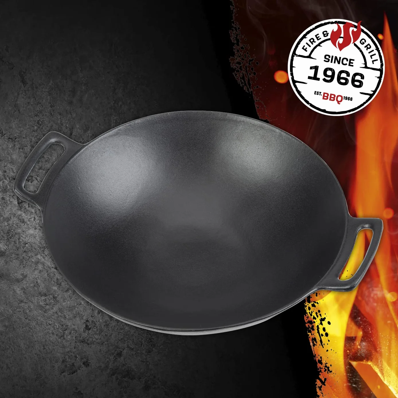 Landmann Grillwok | Hochwertiger Wok aus emailliertem Gusseisen (Ø 36 cm) | Optimale Hitzeverteilung und Hitzespeicherung | Mit abgeflachten Boden passend für Grillroste | 38 x 46 x 13,5 cm [Schwarz]