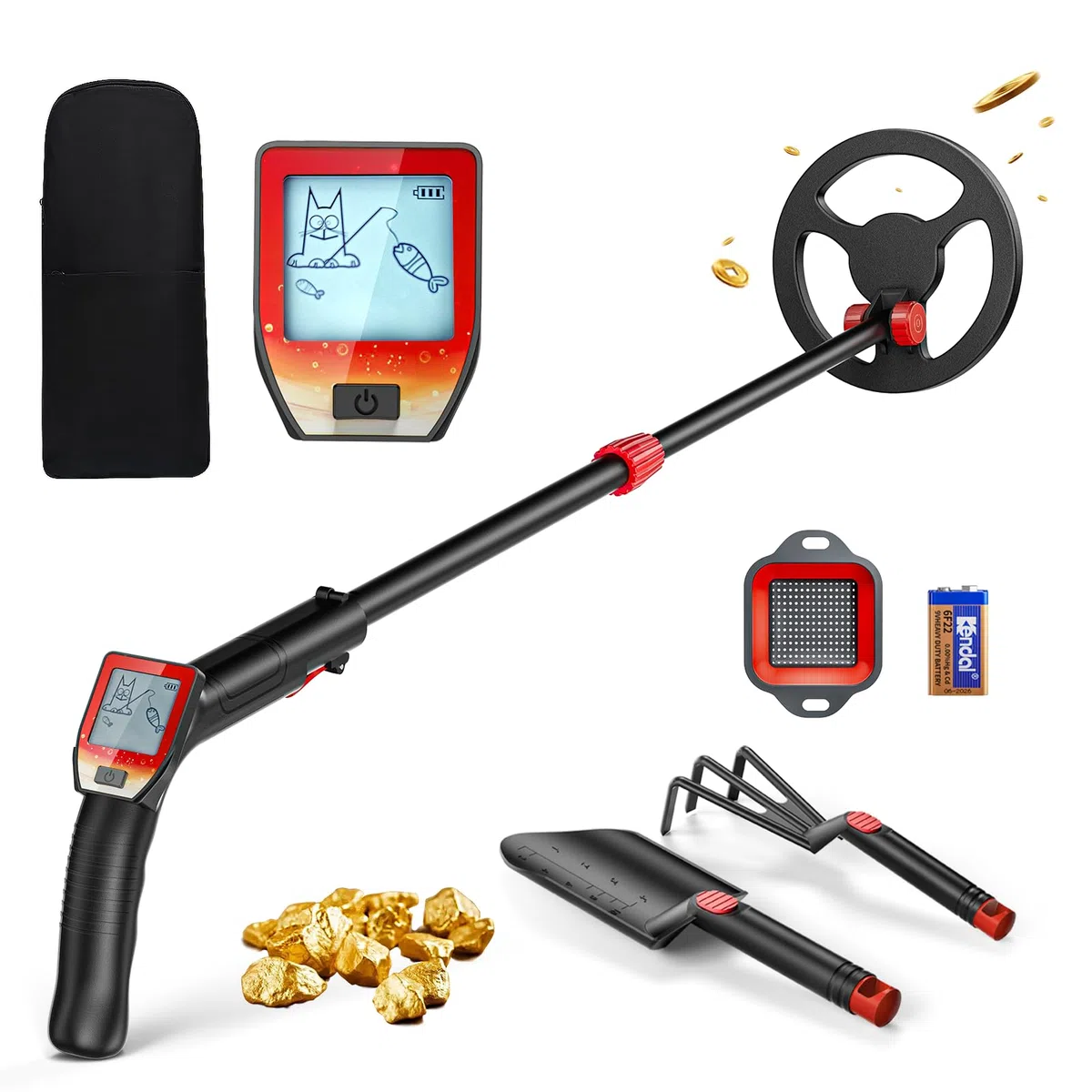 Metalldetektor Kinder, Leichtgewicht Kinder Metalldetektor mit Verstellbarem Stiel 66–83cm, LCD Display und Wasserdichter Suchspule, Metalldetektor für Kinder mit Schaufel Rechen Sieb Tasche, Rot