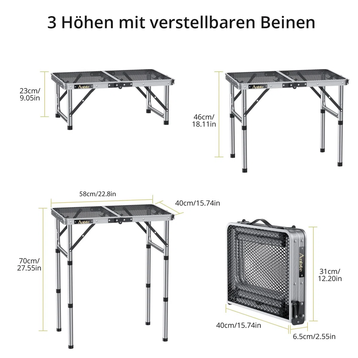 Anbte Campingtisch Grilltisch 58x40cm Metallgitter Tischplatte mit 3 Verstellbare Höhe 26/48/70cm Aluminium Rahmen Klapptisch Tragbar Picknicktisch für BBQ Garten Party Balkon (Silber)