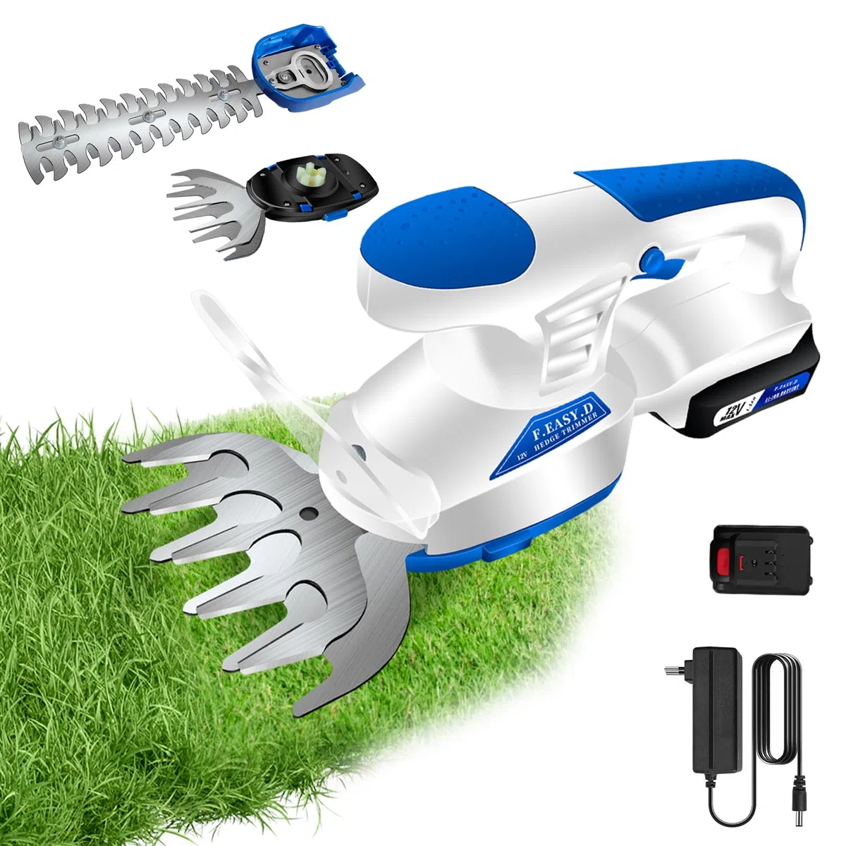 Heckenschere Akku Grasschere 12V, 2 in 1 Gartenschere Rasenkantenschneider 25000RPM Heckenschere Elektrisch inkl. Akku&Ladegerät&2 Messer Aufsätze für Hecken Rasen
