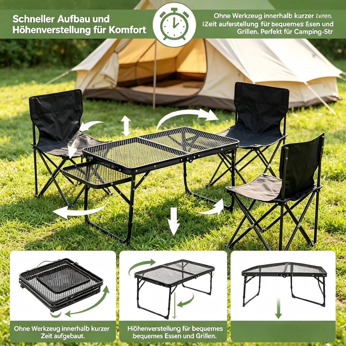 Faltbarer Campingtisch aus Aluminiumlegierung für Outdoor, Leichter Picknicktisch mit Schubladen & Doppel-Ebenen-Tischplatte, Tragbarer Gartentisch für Grill, BBQ, Strand, Wandern