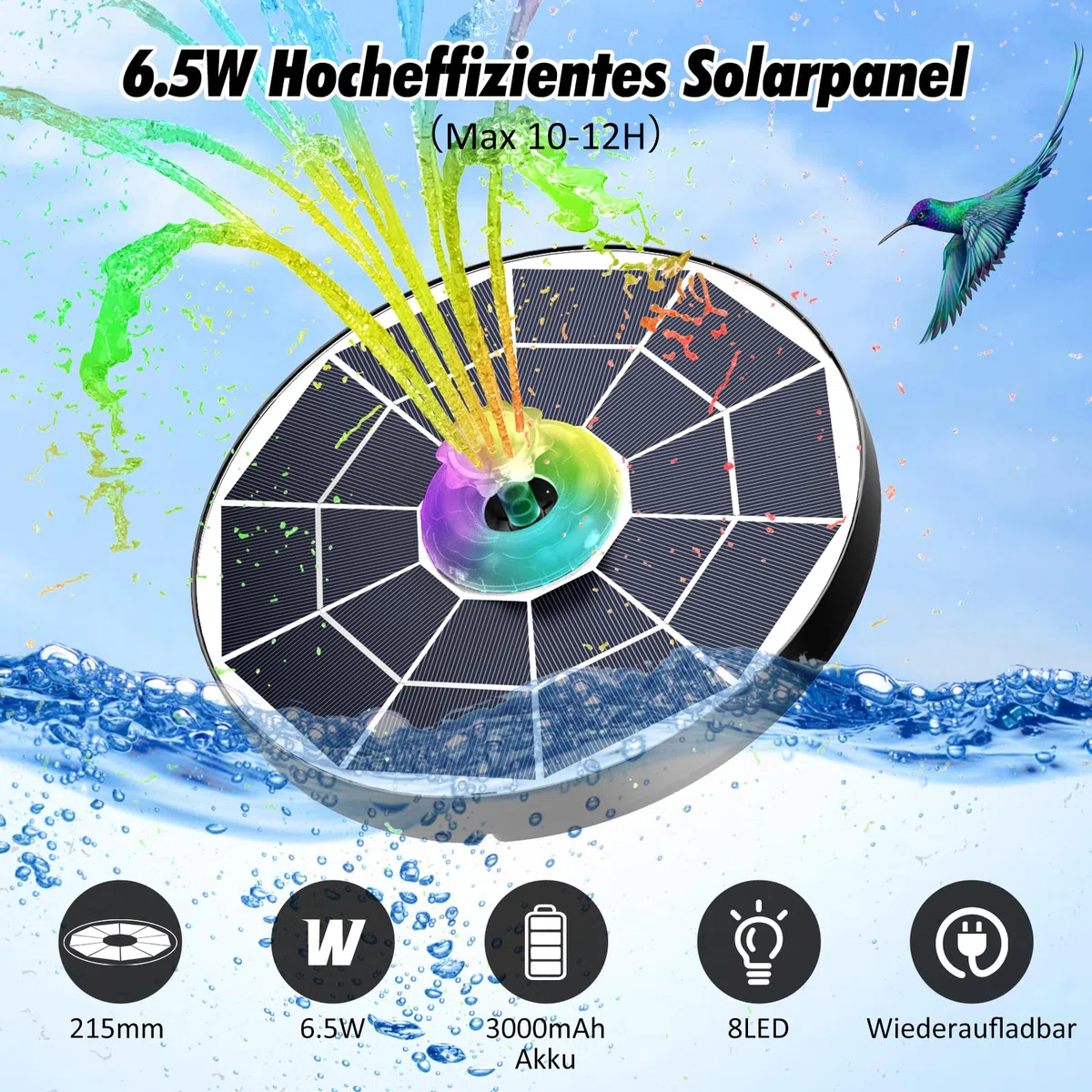 AISITIN 6.5W LED Solar Springbrunnen für Außen mit Fernbedienung, Solar Schwimmender Fontäne Pumpe mit 4 Sprüh Effekten,mit Akku und Gebührenpflichtig,Solarbrunnen für Draussen für Garten,Vogelbad