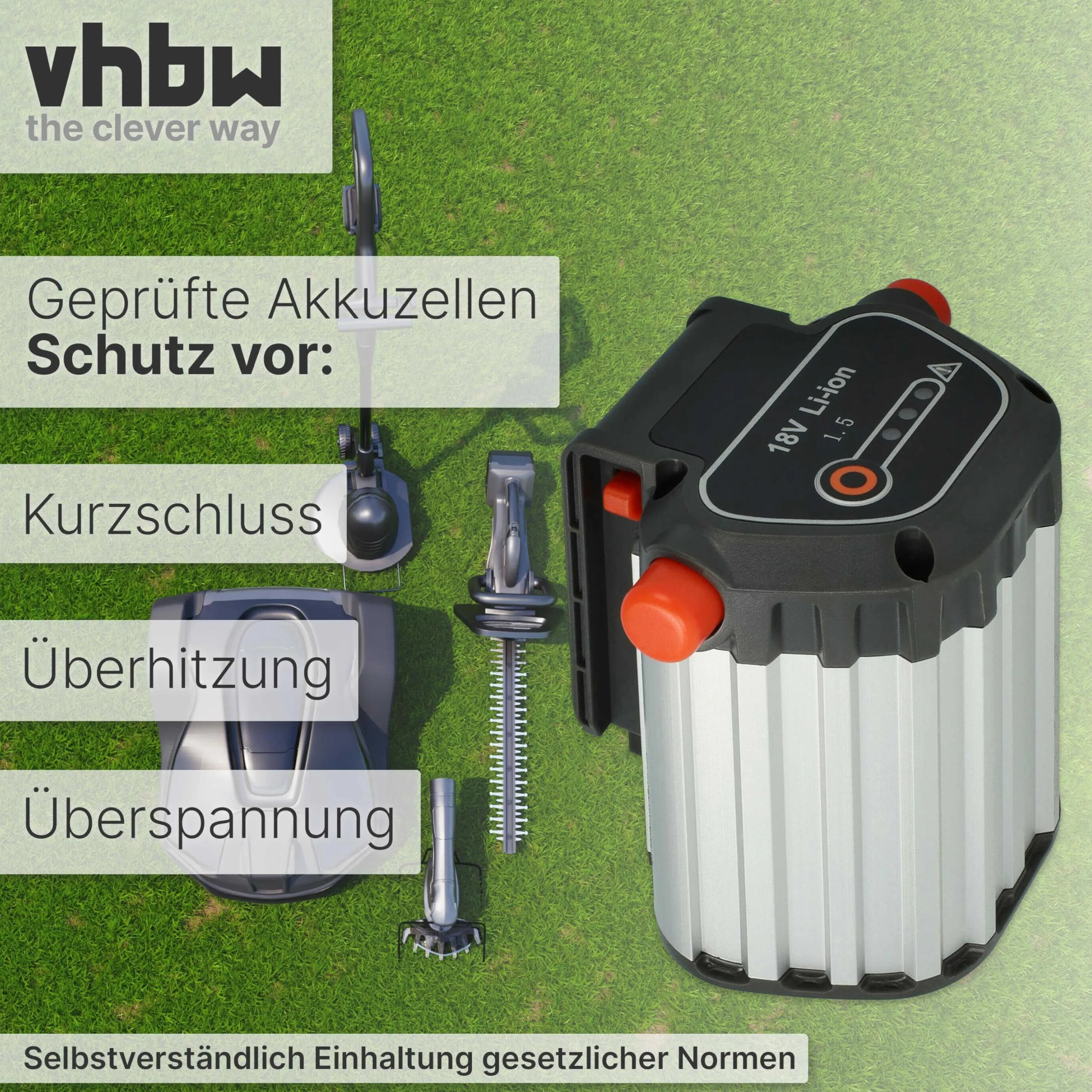 vhbw Akku kompatibel mit Gardena Akku-Rasenmäher PowerMax Li-18/32 & Allround Bläser AccuJet Li-18 Ersatz für BLi-18 (9840-20, 9839-20) - (Li-Ion, 1500mAh, 18V)