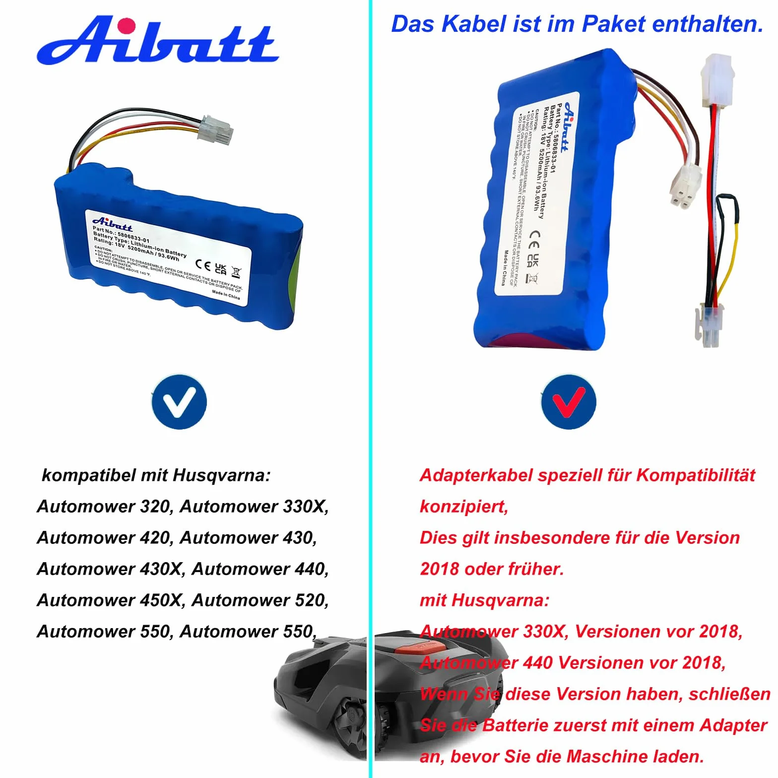 Mähroboter akku, Ersatzakku für Husqvarna Automower 320, 330X, 420, 430, 430X, 440, 450X, 520, 550 Rasenroboter, Ersatz für 580 68 33-01,580 68 33-02 akku(5200mAh/18V/93.6Wh)