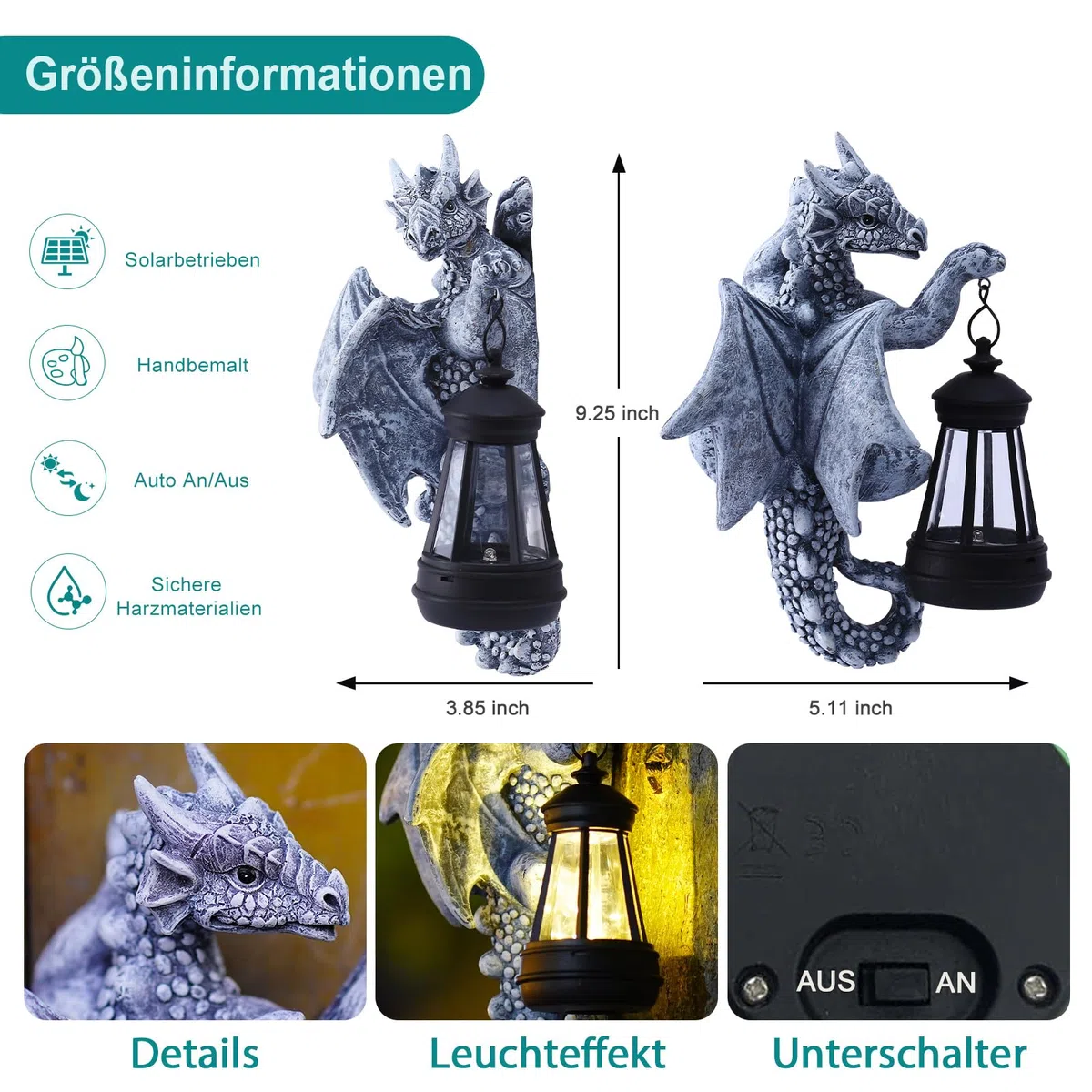 Yeomoo Drachen Figuren mit Solarlampen Baumstamm Gartendeko für Draußen: Lustige Drachen Gartenfiguren Deko mit LED Solar Lichterkette Aussen Geschenke für Männer/Frauen Garten Zaun Baum Zubehör Grau