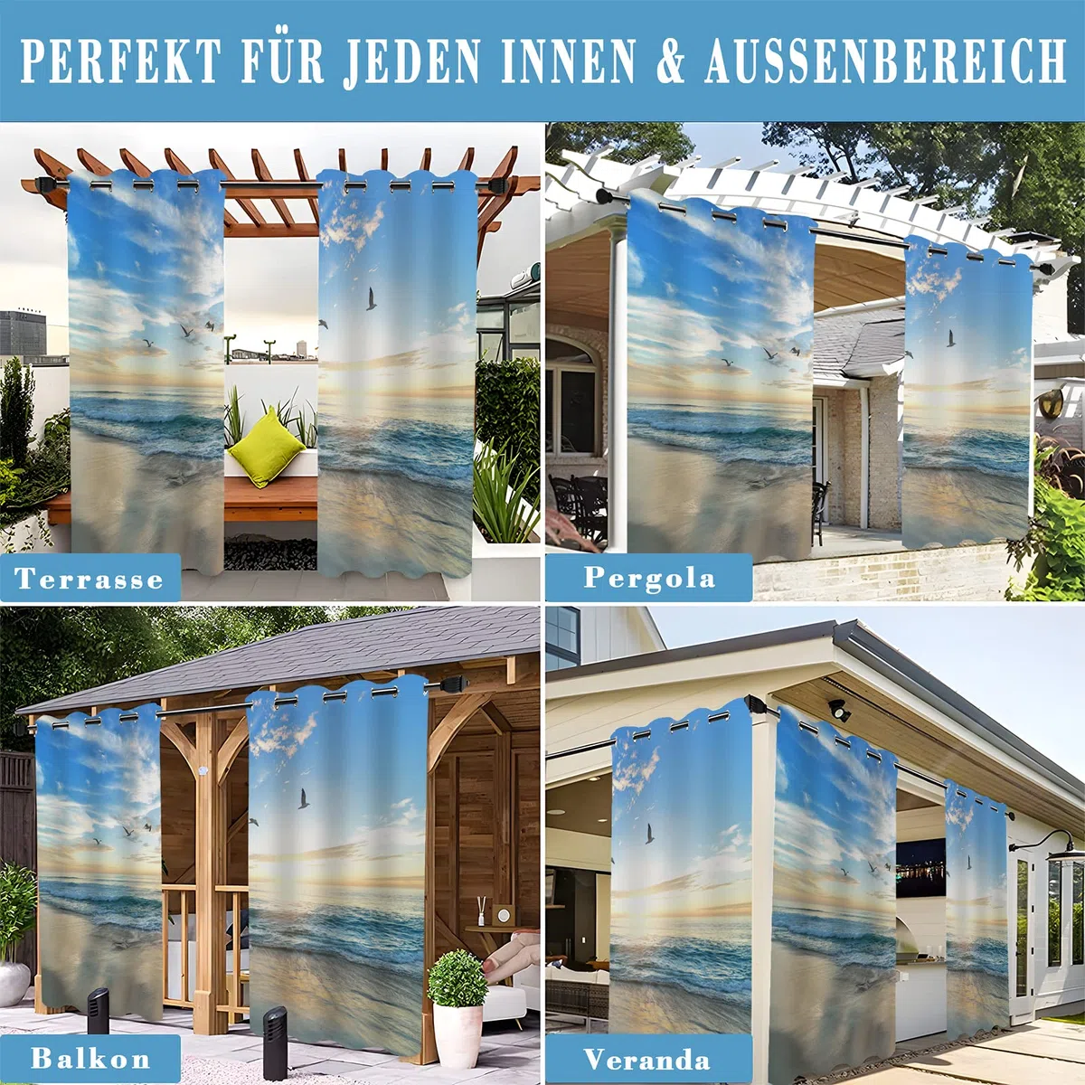 Outdoor Vorhang Wetterfest 2 Stück B132 x H213cm Atemberaubender Meerblick 3D Gedruckt Outdoor Vorhänge Wasserdicht mit Ösen, Outdoor Gardinen Sichtschutz für Balkon Terrasse Veranda Pergola