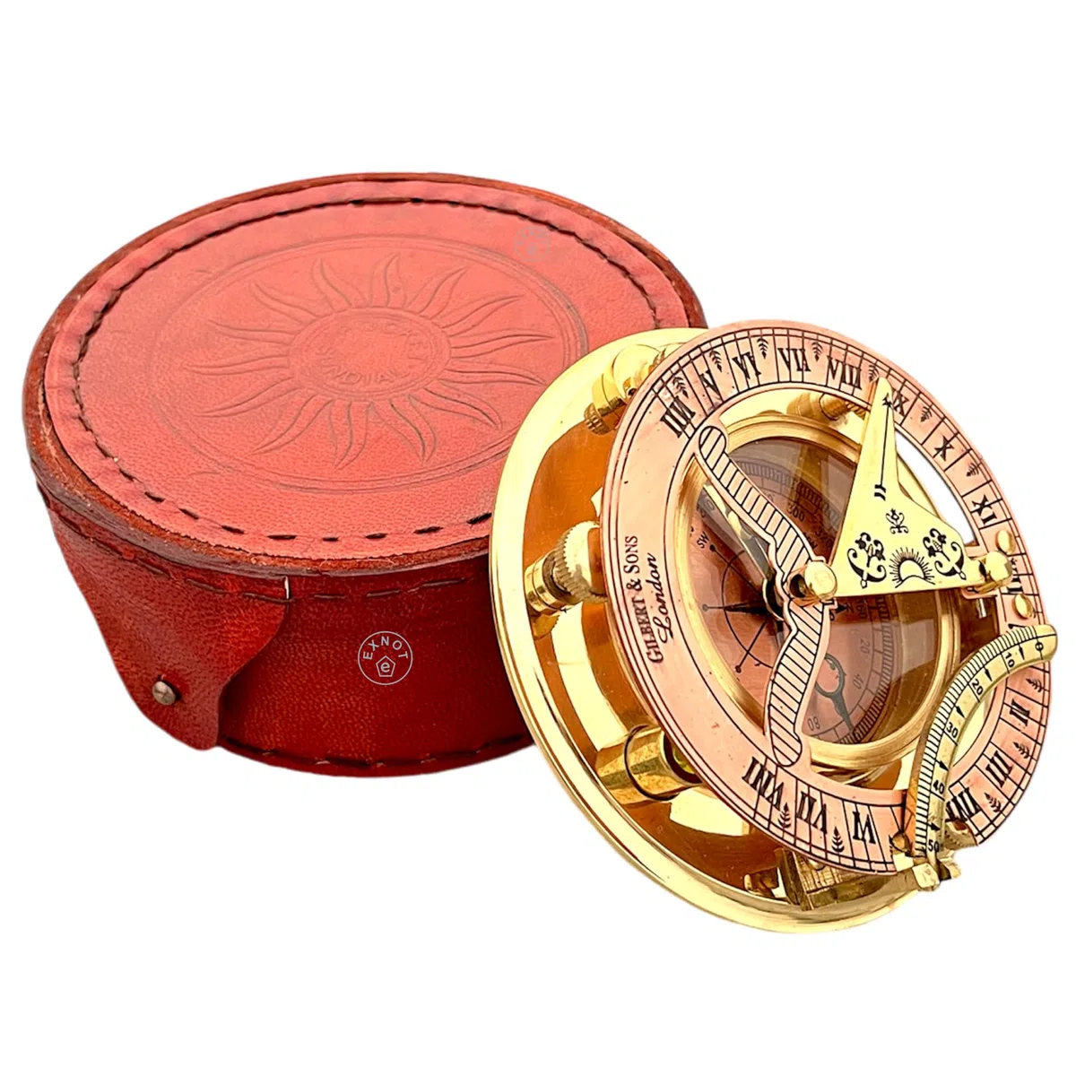Vintage-Sonnenuhr-Kompass aus Messing mit Kupfer-Zifferblatt im Lederetui, Steampunk, Vintage-Kompass, Kupfer-Sonnenuhr in Box, Geschenke für Jahrestag und besondere Anlässe