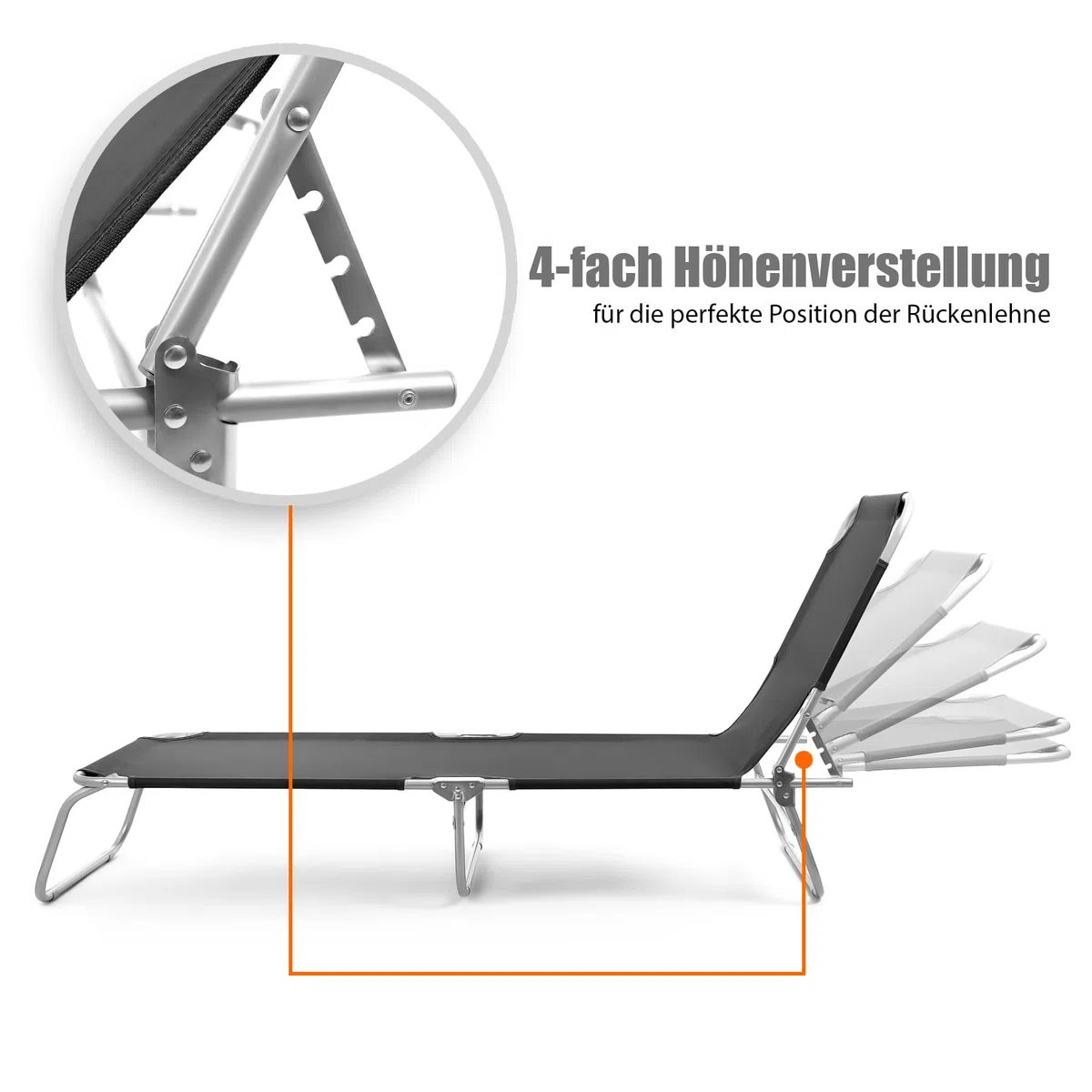 BigDean Sonnenliege klappbar 150 kg belastbar mit 4-Fach Verstellbarer Rückenlehne – hochwertige Gartenliege für Balkon, Garten & Strand - Klappliege Strandliege Liege schwarz