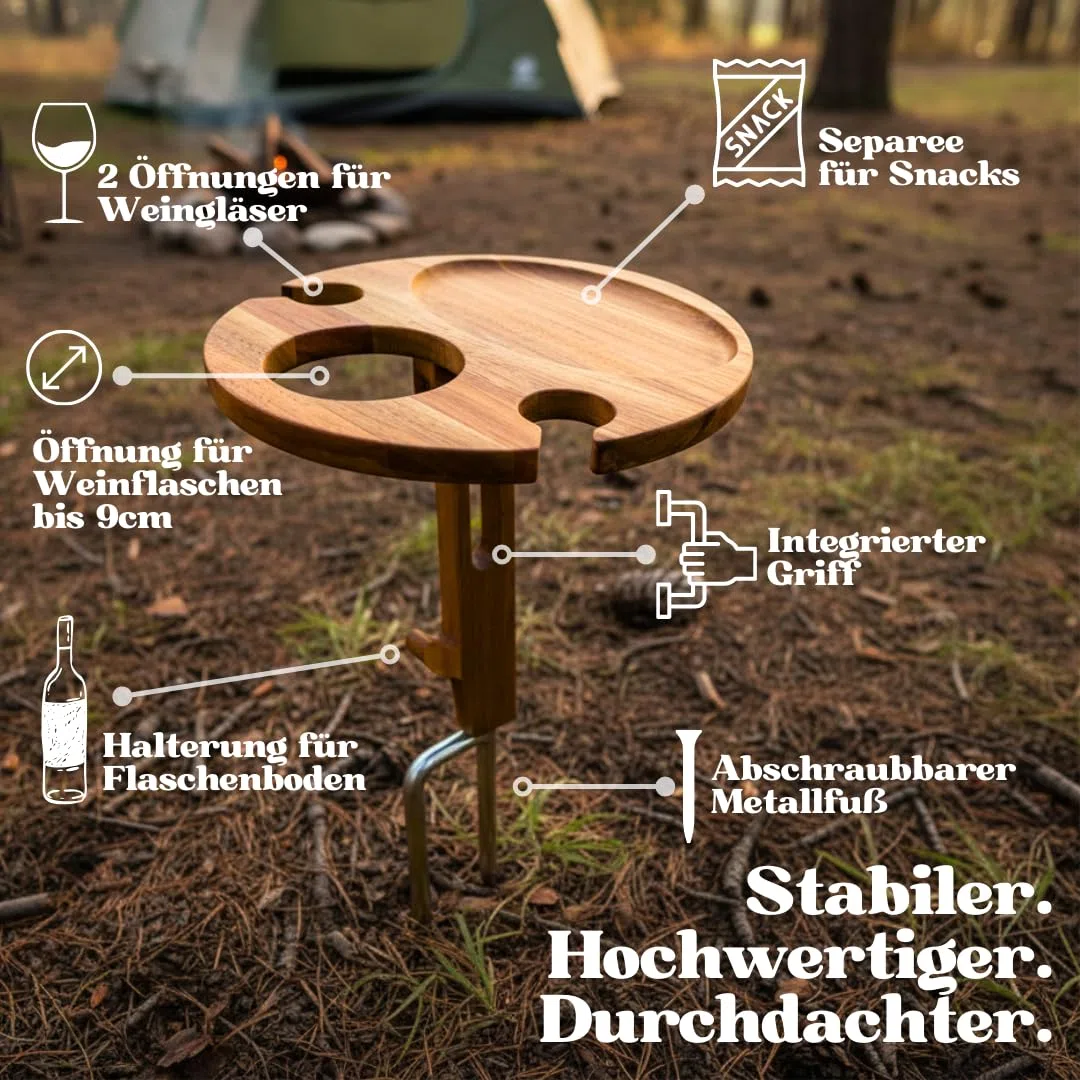 Decozy Life Steckbarer Weinhalter aus Massivholz - klappbarer Picknicktisch – Picknick & Camping Geschenke | Strand Gadget, Garten Gadget & Wein Zubehör | Originelles Camper Geschenk für Weinliebhaber