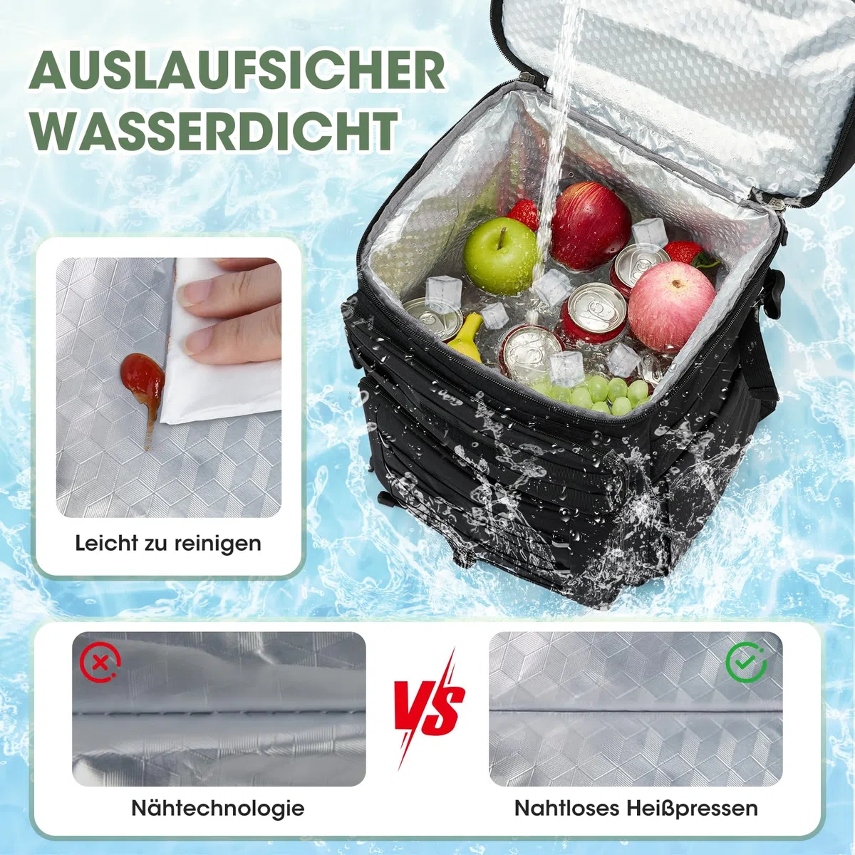 RAINSMORE Kühlrucksack 30L Auslaufsicher Groß Thermo Kühltasche Rucksack Doppeldeck Isolierter Picknickrucksack für Familie Outdoor BBQ Schwarz