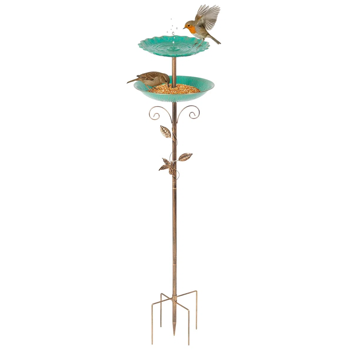 Todeco Vogelbad Schale Stehend Doppelstufig, 2-in-1 Vogeltränke & Futterspender mit 5-Zacken-Boden, Wassertränke für Vögel, Metall Vogelbecken Schüssel für Gartendeko