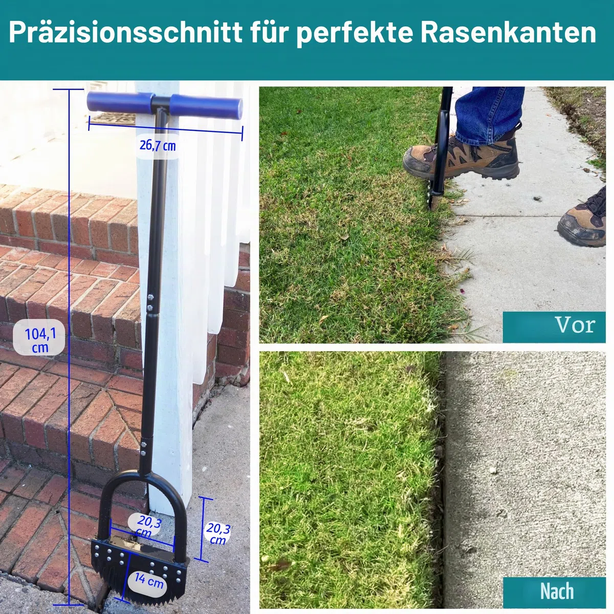 Rasenkantenstecher 104cm Langer Kantenschneider mit Federstahl-Sägezahnklinge Breite Fußplattform Korrosionsgeschützter Halbmond-Rasenkantenschneider für Garten Rasenpflege Beet